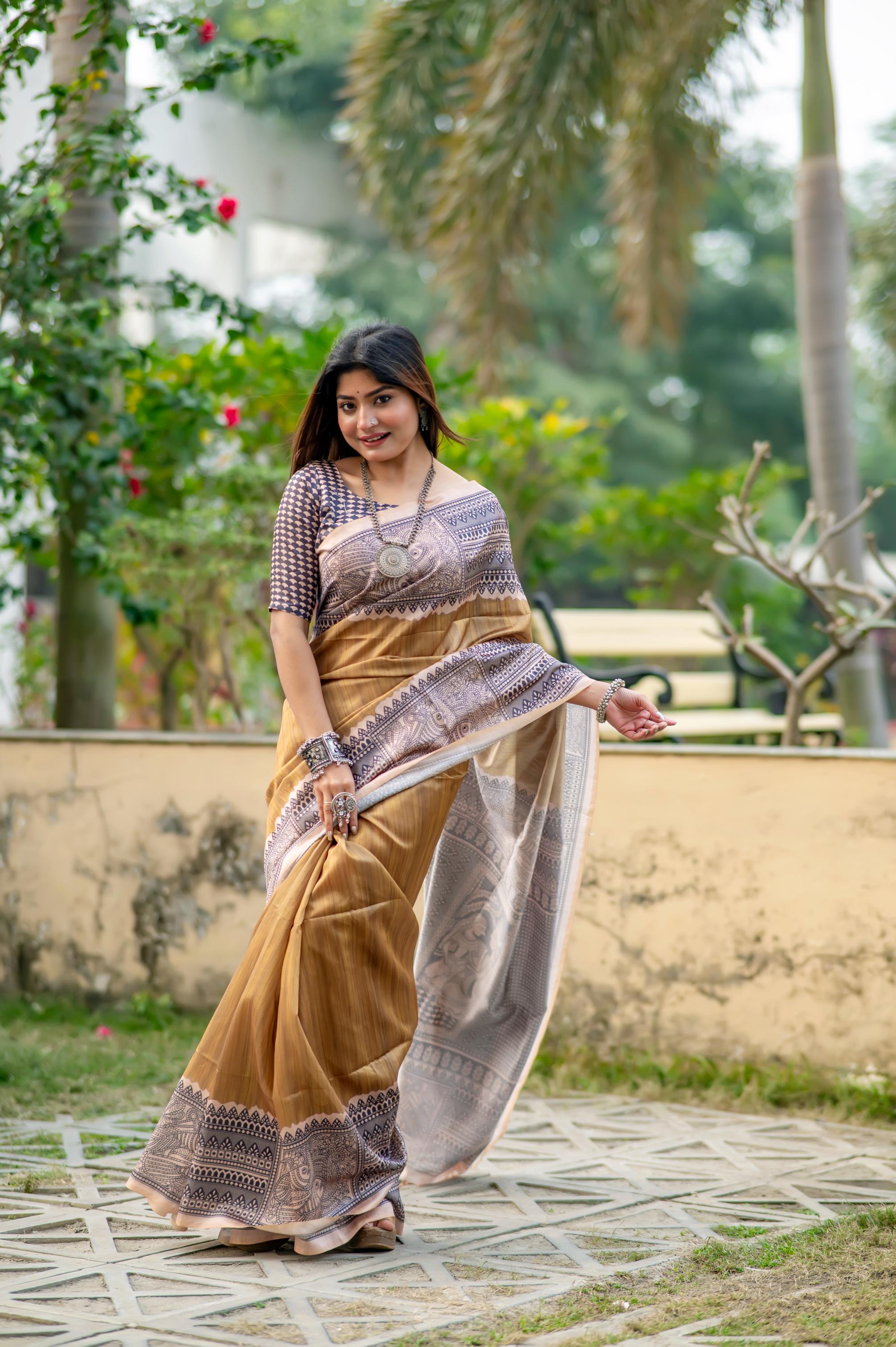 Muskan- Traditional Warli Print Saree in Copper & Charcoal Hues