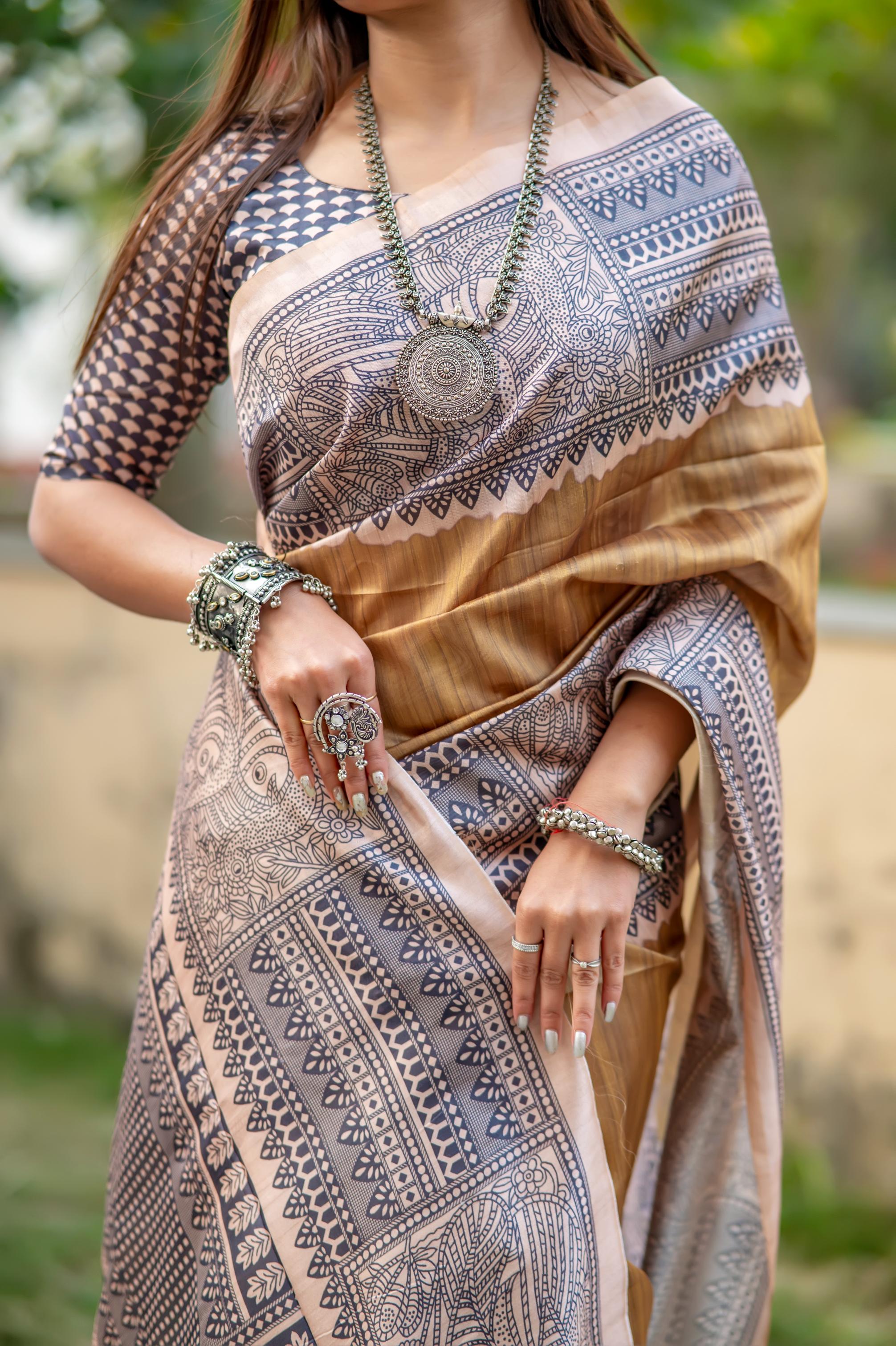 Muskan- Traditional Warli Print Saree in Copper & Charcoal Hues