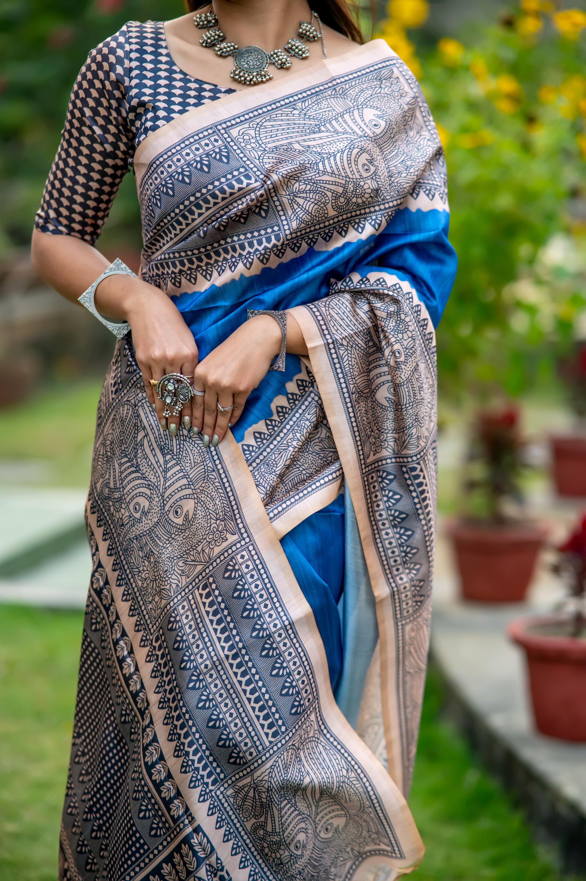 Muskan- Traditional Warli Print Saree in Copper & Charcoal Hues