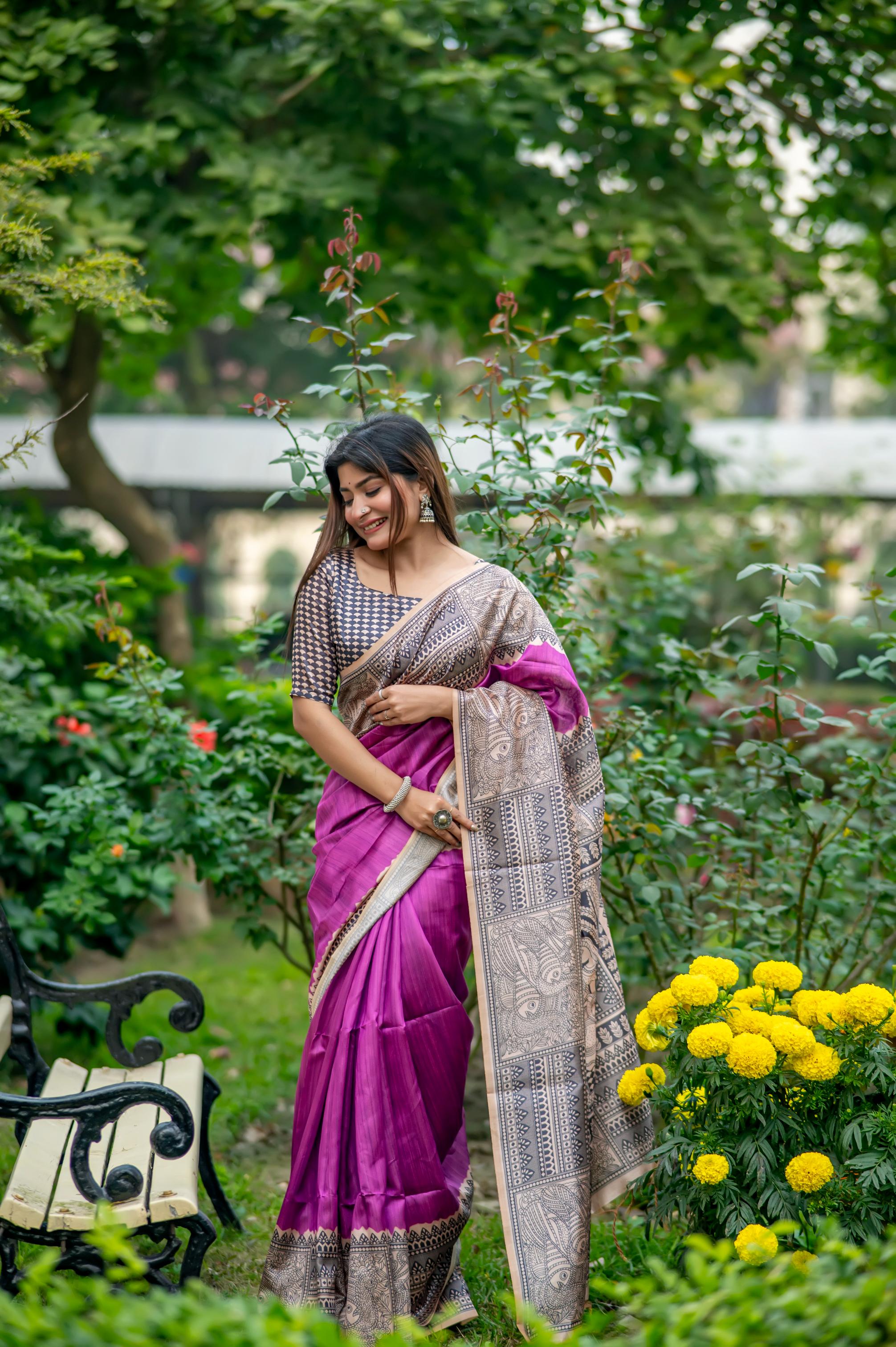 Muskan- Traditional Warli Print Saree in Copper & Charcoal Hues