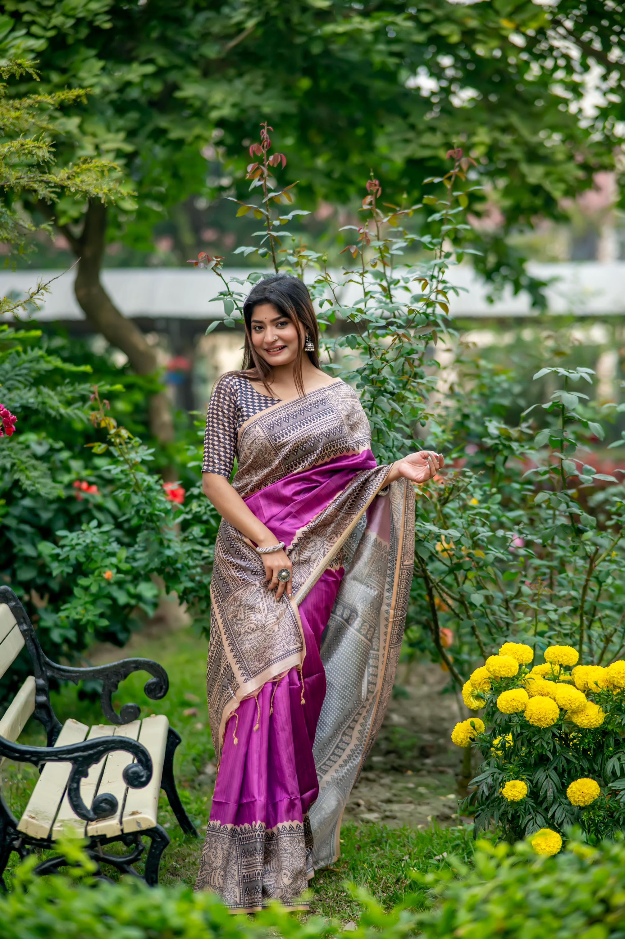 Muskan- Traditional Warli Print Saree in Copper & Charcoal Hues