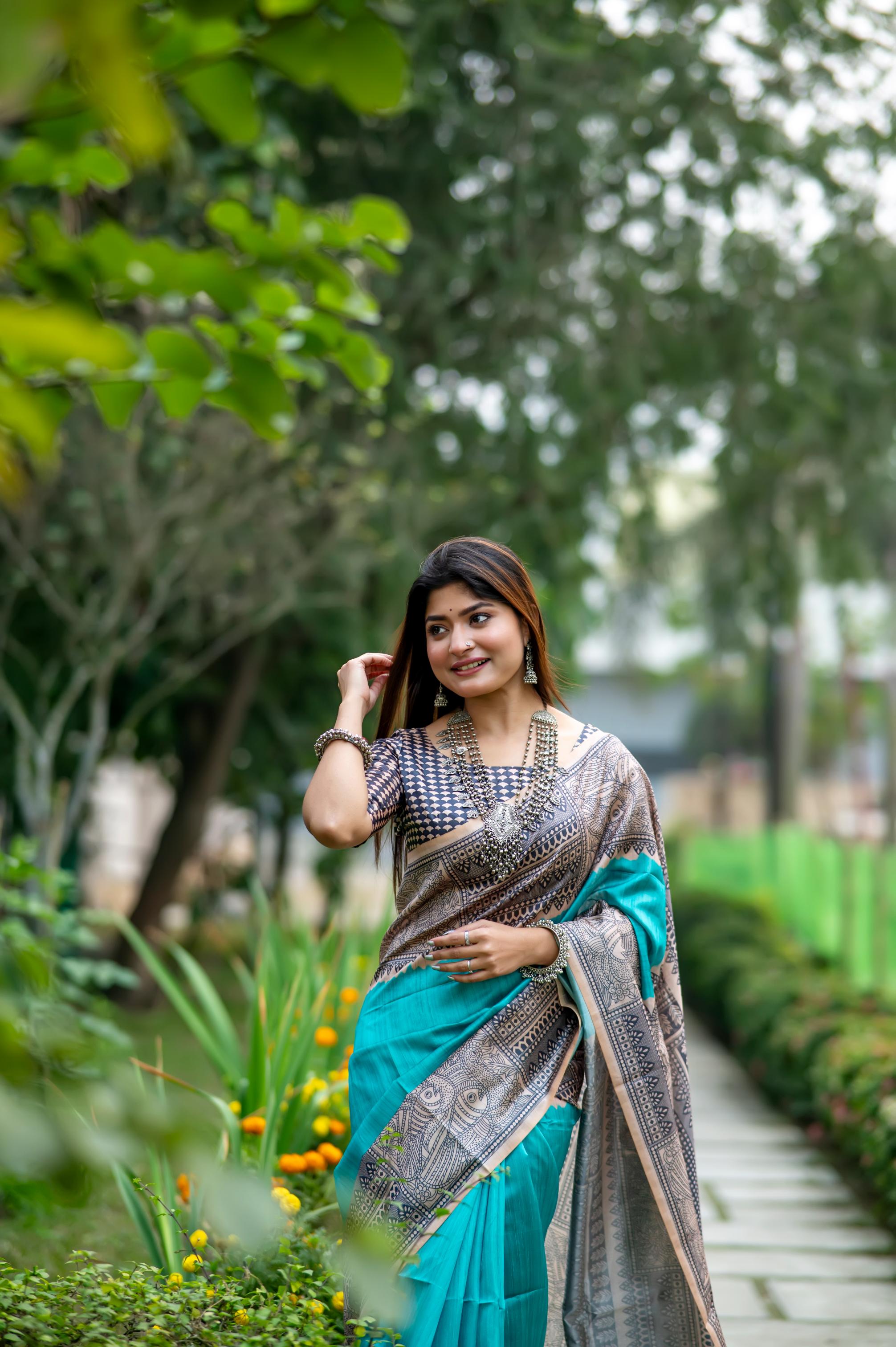 Muskan- Traditional Warli Print Saree in Copper & Charcoal Hues