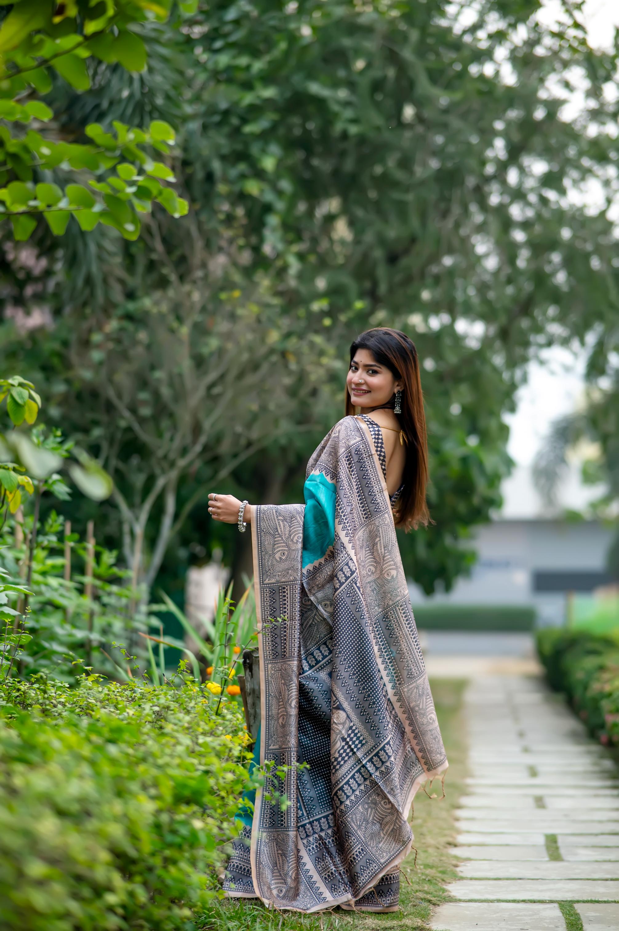 Muskan- Traditional Warli Print Saree in Copper & Charcoal Hues