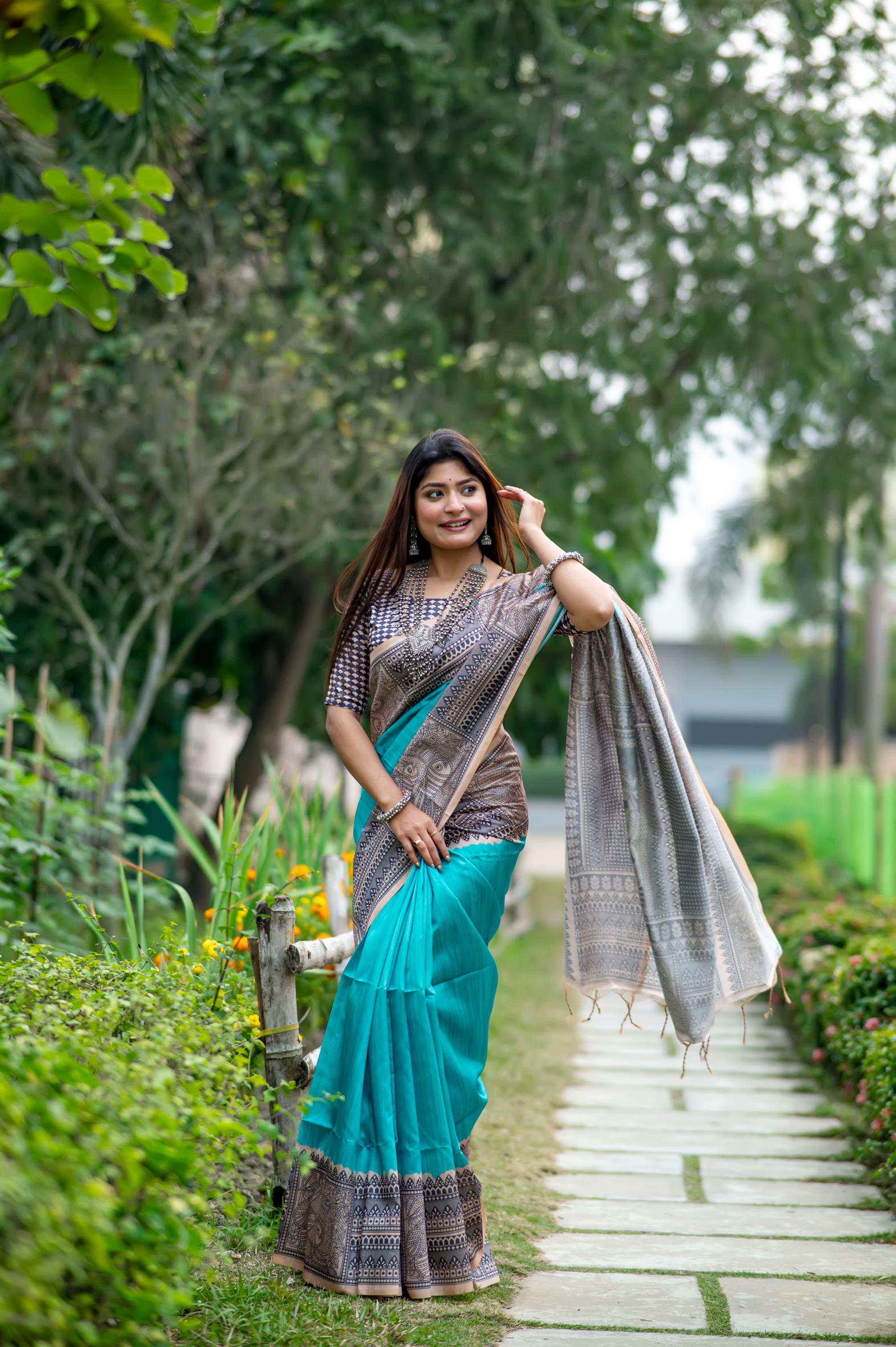 Muskan- Traditional Warli Print Saree in Copper & Charcoal Hues