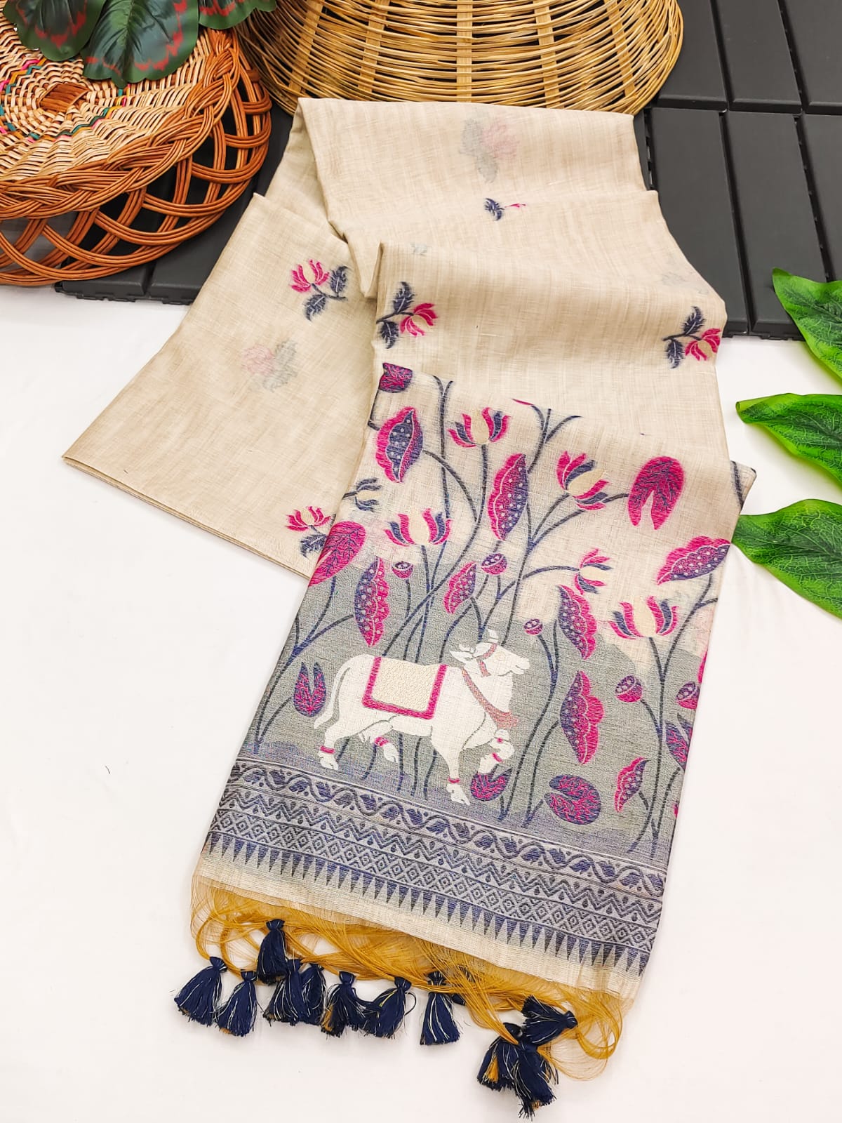 Cow- Pranshi Navy Pichwai Muga Cotton Saree