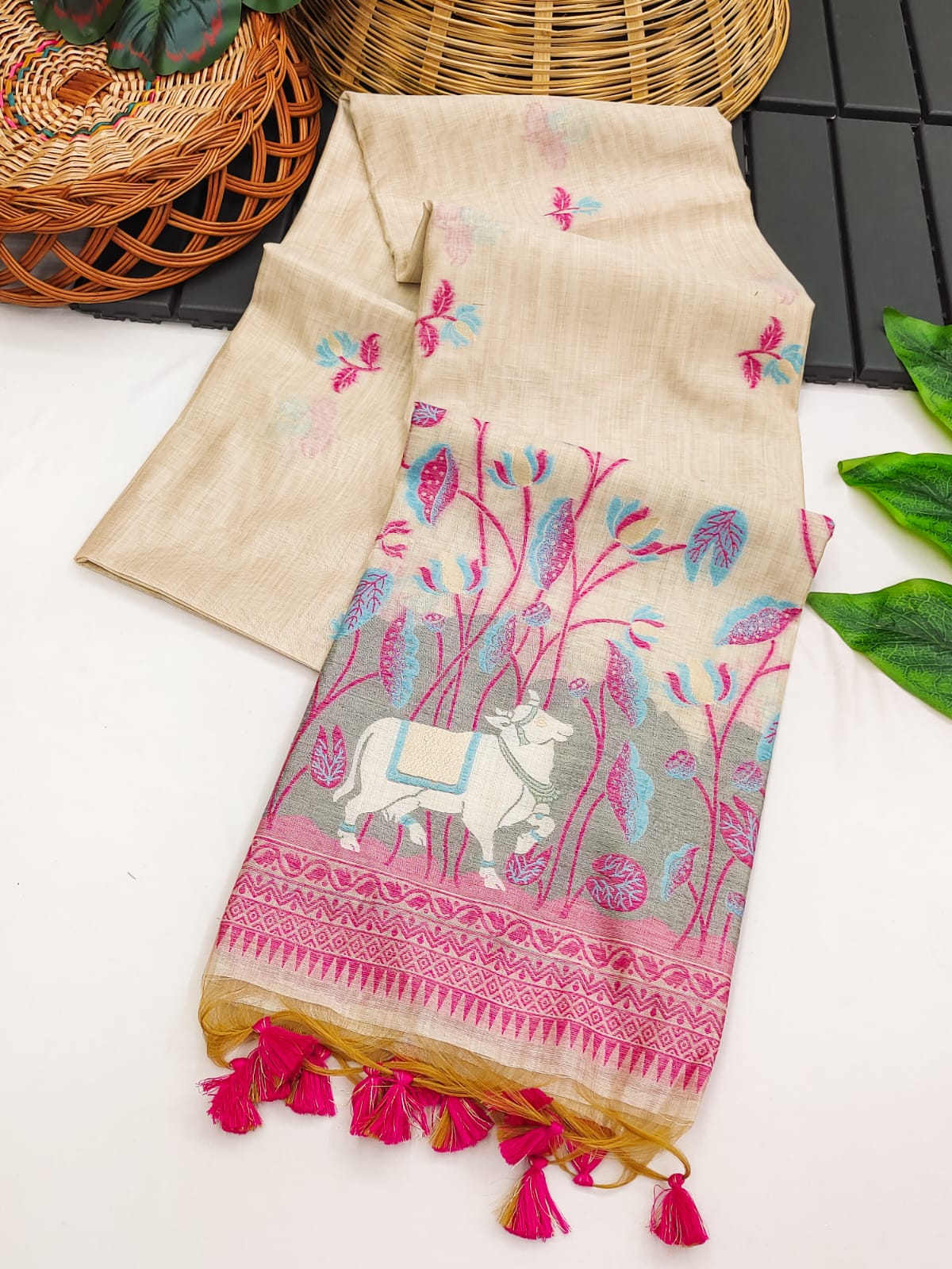 Cow- Pranshi Navy Pichwai Muga Cotton Saree