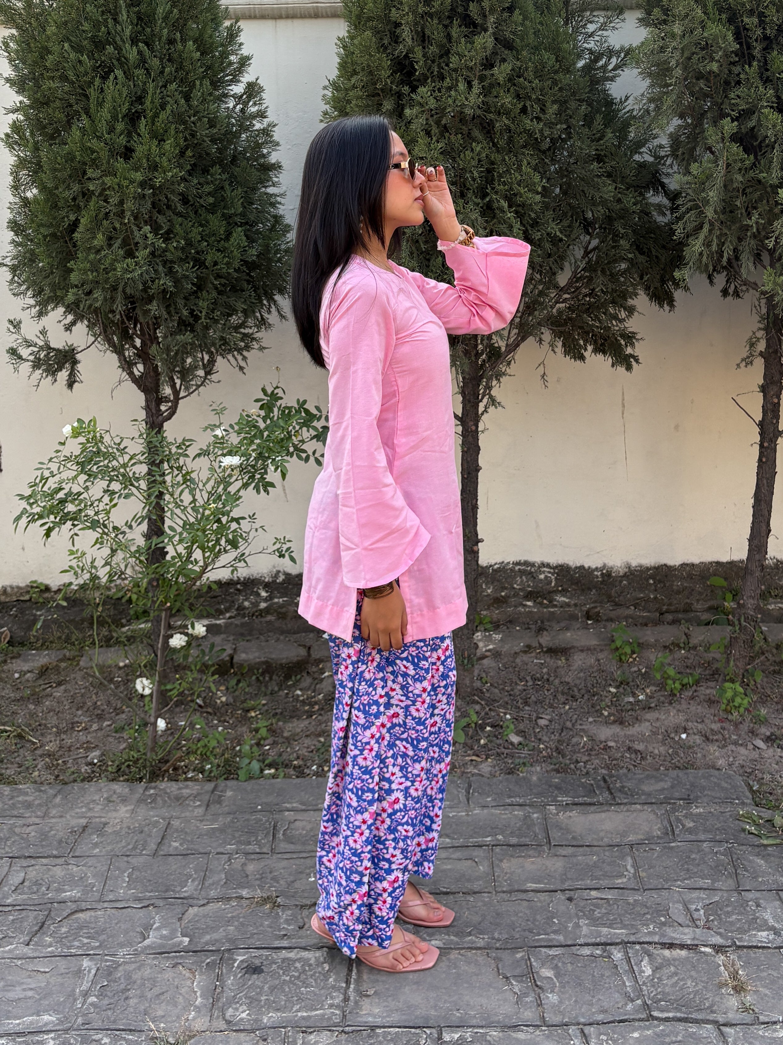 Mono- Pink Solid Kurti with Blue Floral Printed Pants
