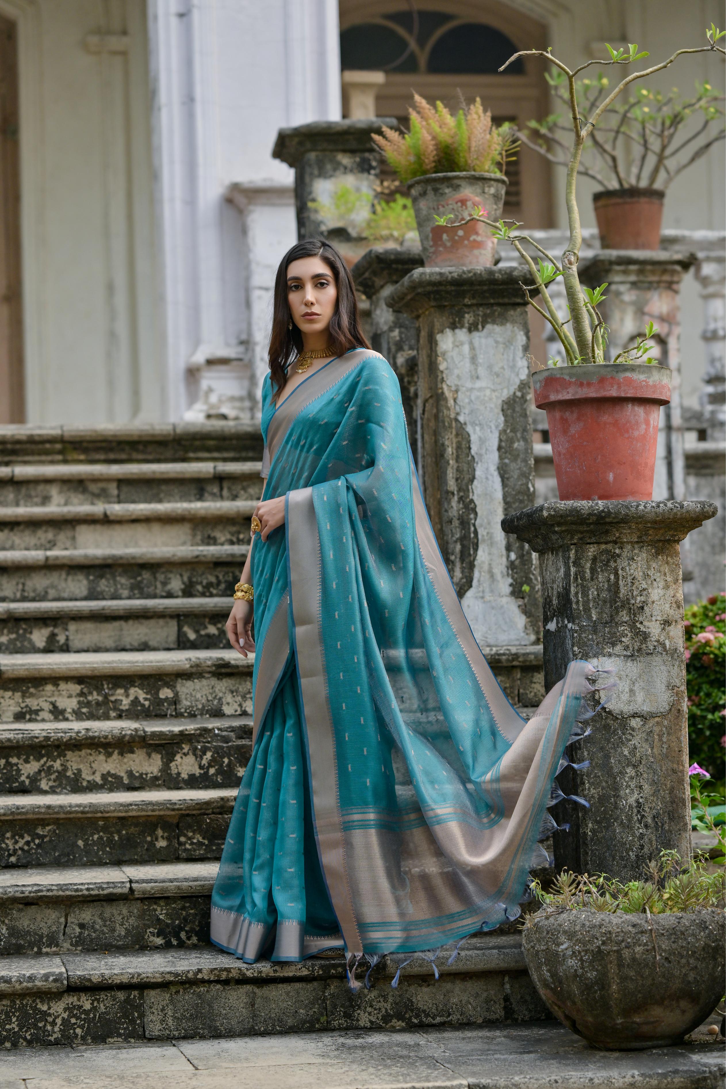 Kenvi- Cyan Soft Kalyani Silk Saree