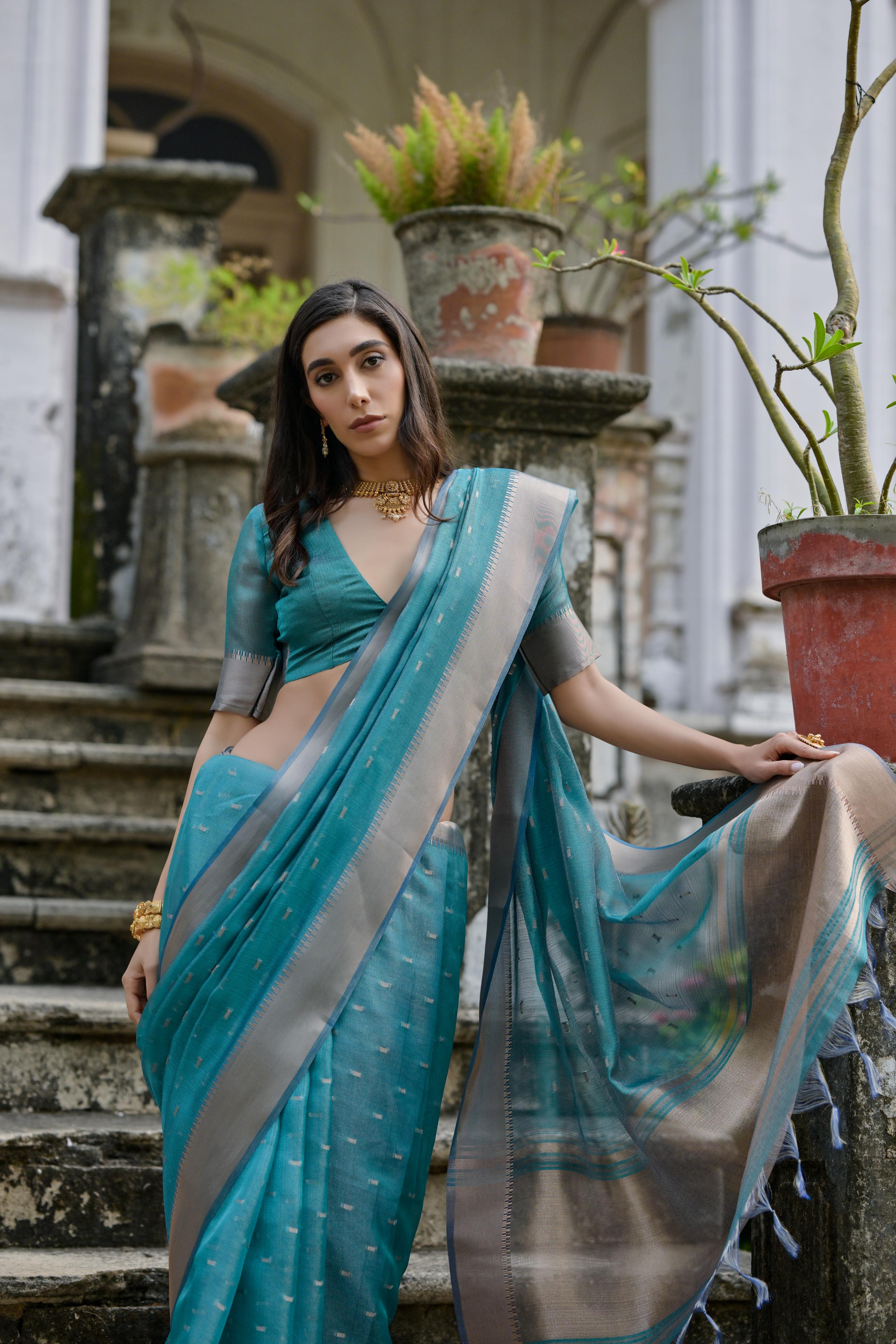 Kenvi- Cyan Soft Kalyani Silk Saree