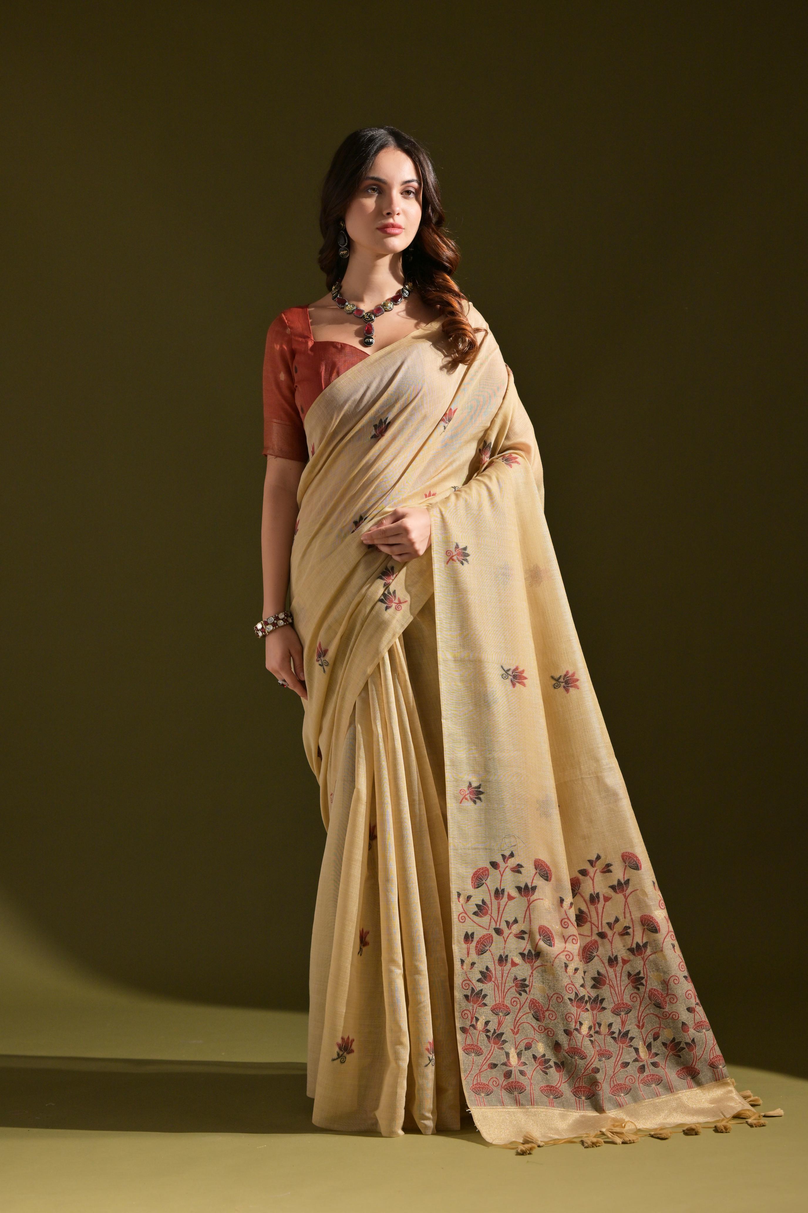 Noor- Muga cotton saree Temple Anarkali Gown is crafted with premium silk and traditional embroidery,