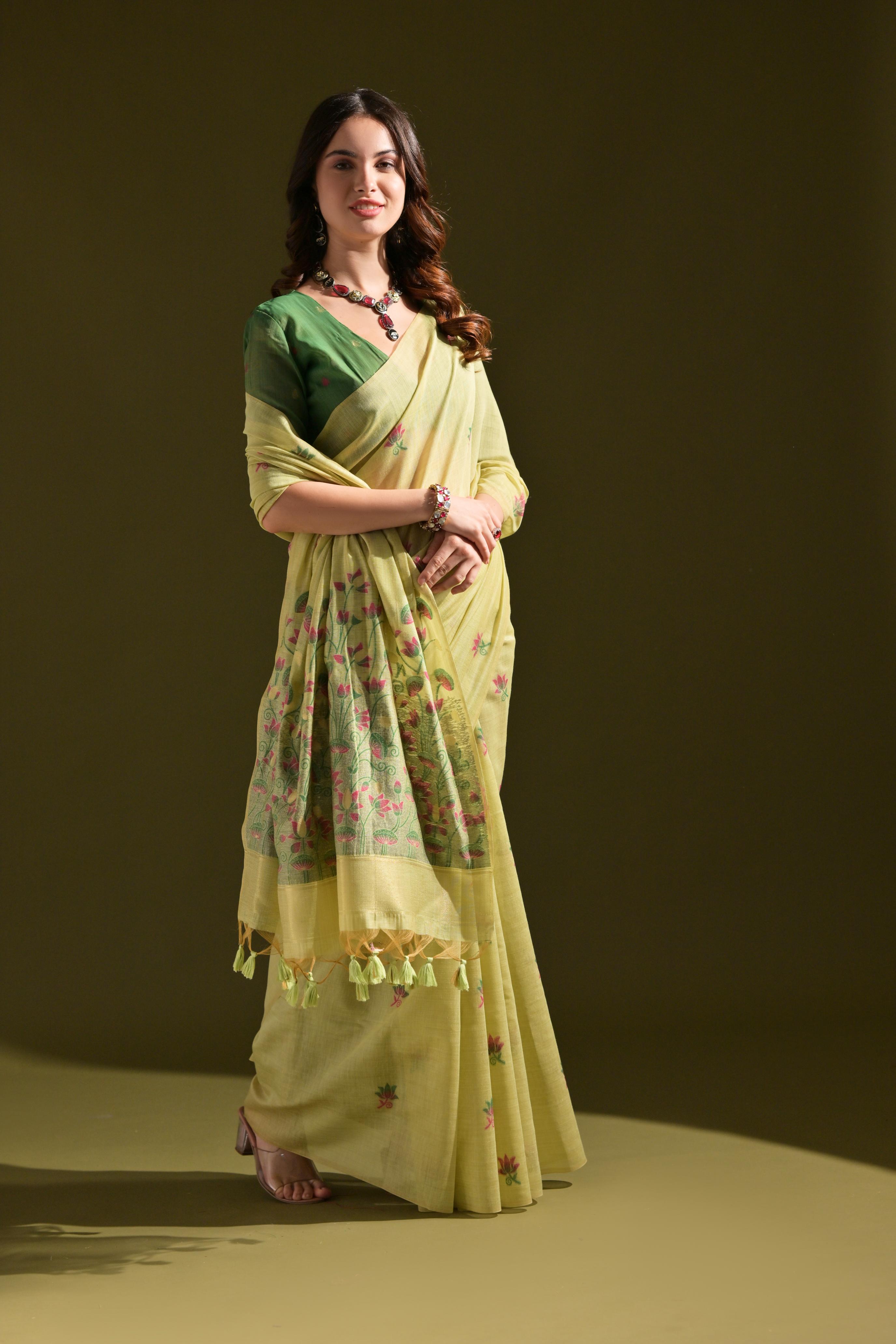 Noor- Muga cotton saree Temple Anarkali Gown is crafted with premium silk and traditional embroidery,