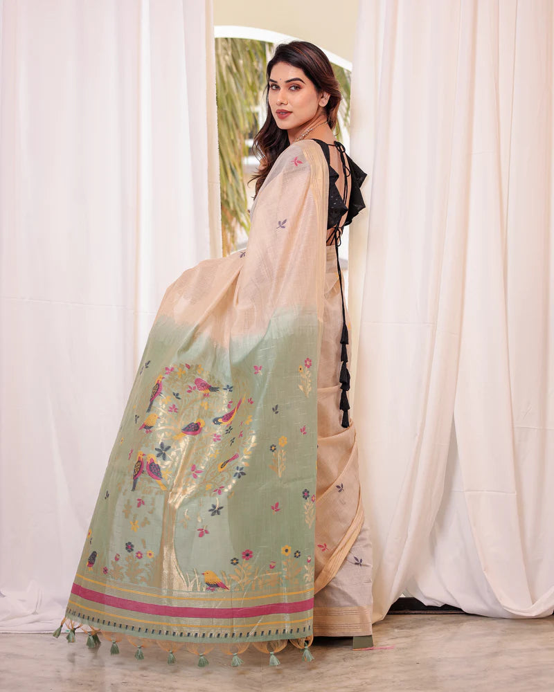 Shagun - Serenity in Silk – Mustard Bird Embroidered Saree