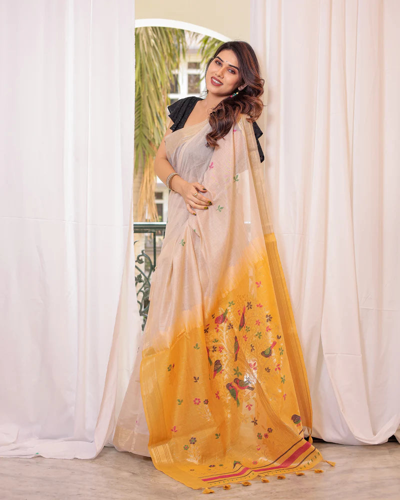 Shagun - Serenity in Silk – Mustard Bird Embroidered Saree