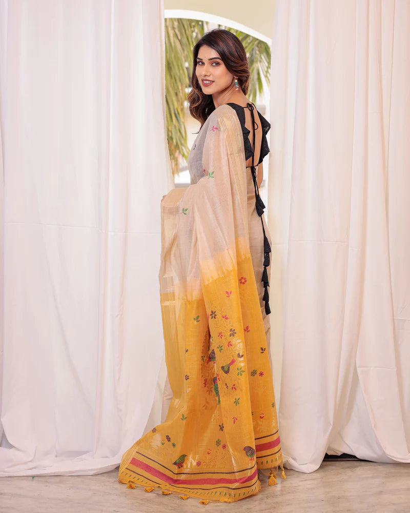 Shagun - Serenity in Silk – Mustard Bird Embroidered Saree