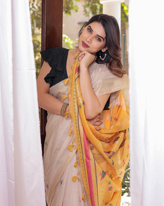 Shagun - Serenity in Silk – Mustard Bird Embroidered Saree