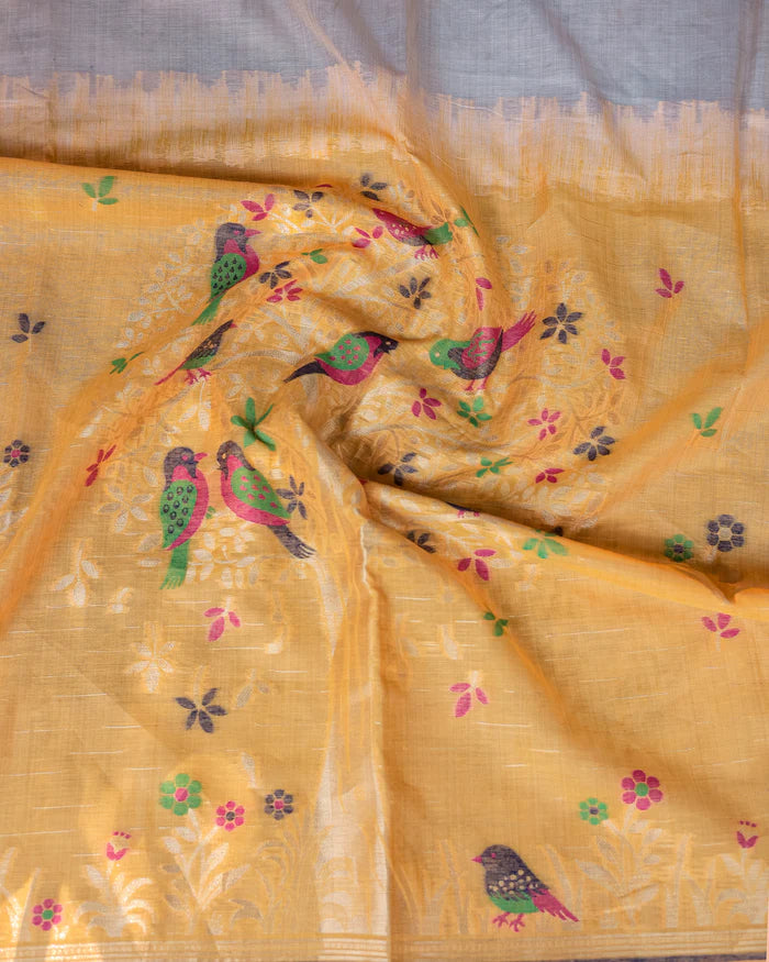 Shagun - Serenity in Silk – Mustard Bird Embroidered Saree