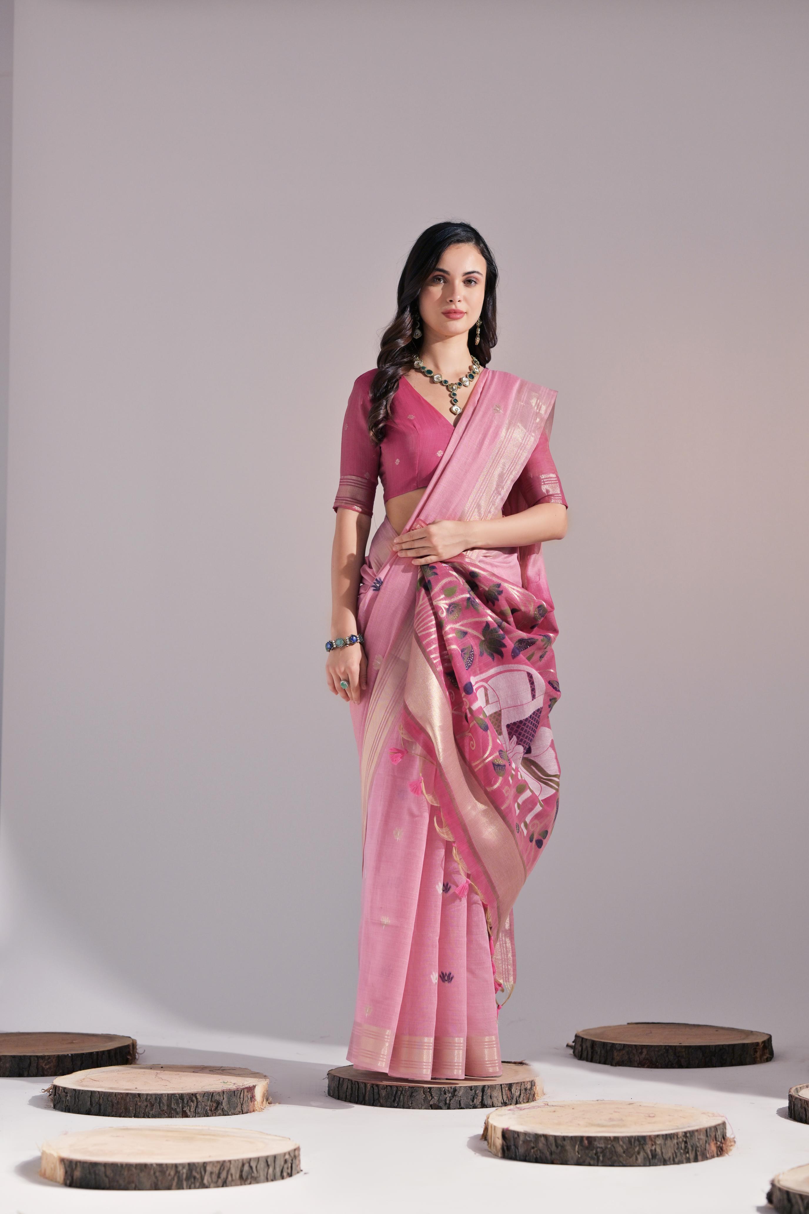 Bright-  motifs woven design saree with woven design border muga saree