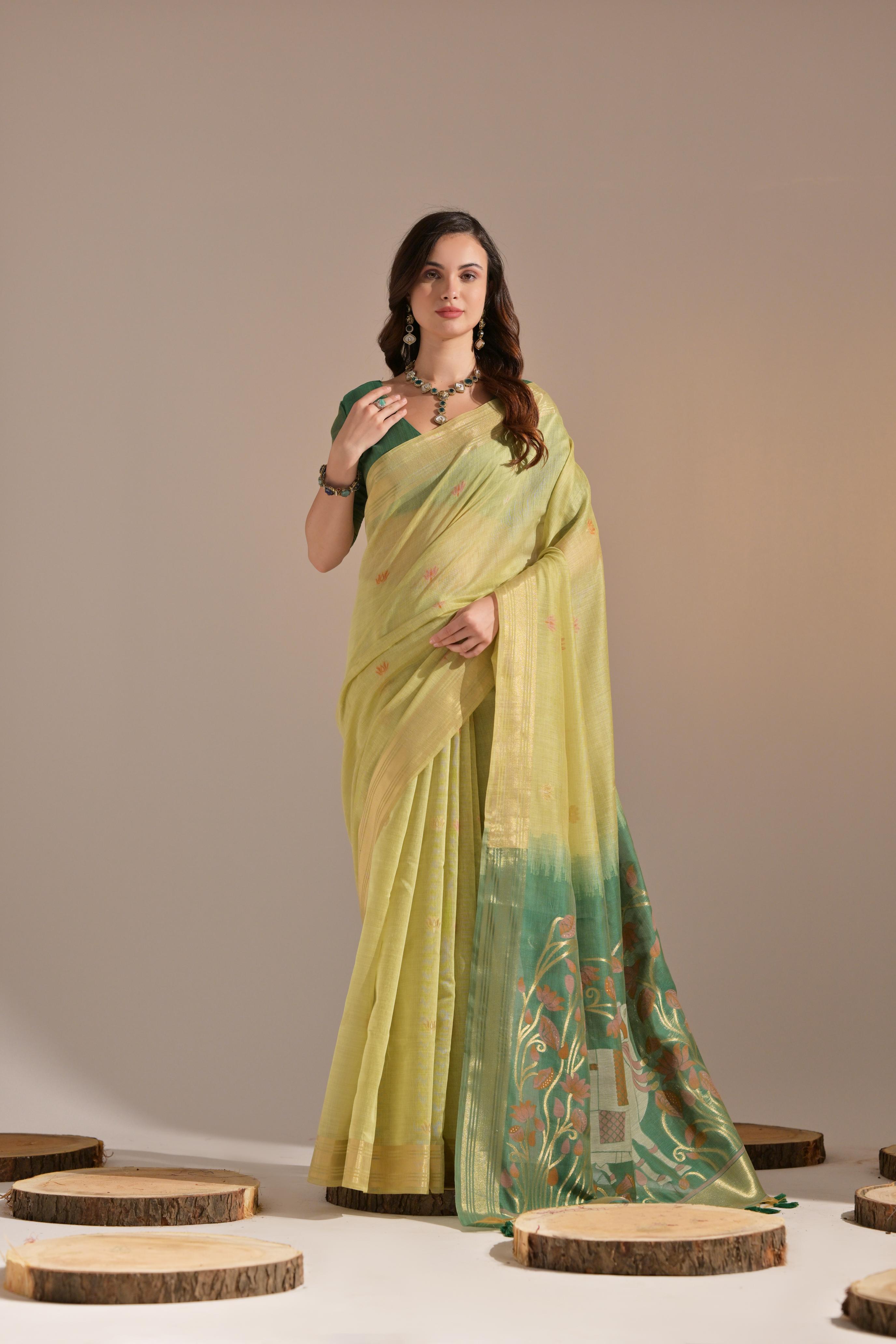 Bright-  motifs woven design saree with woven design border muga saree