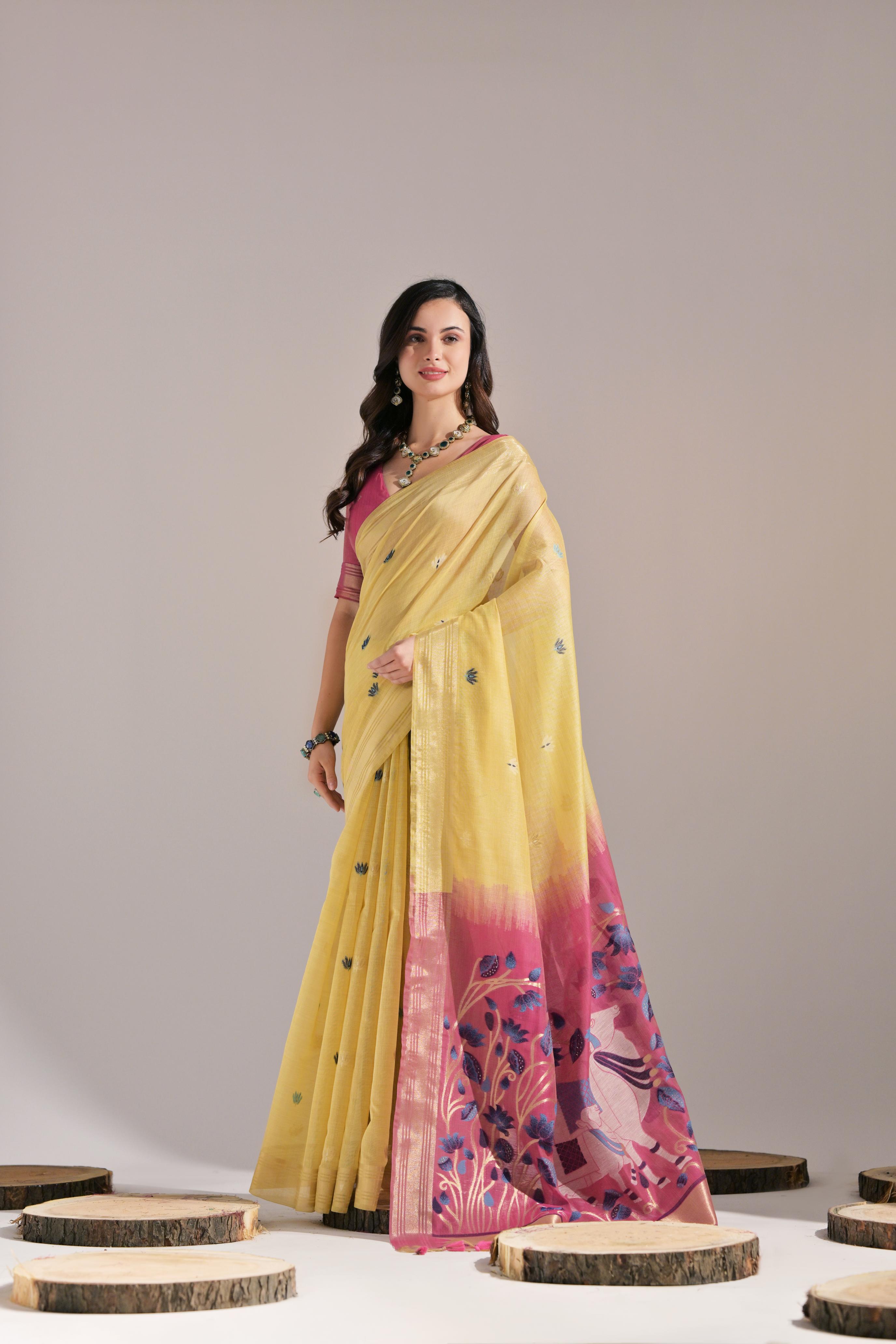 Bright-  motifs woven design saree with woven design border muga saree