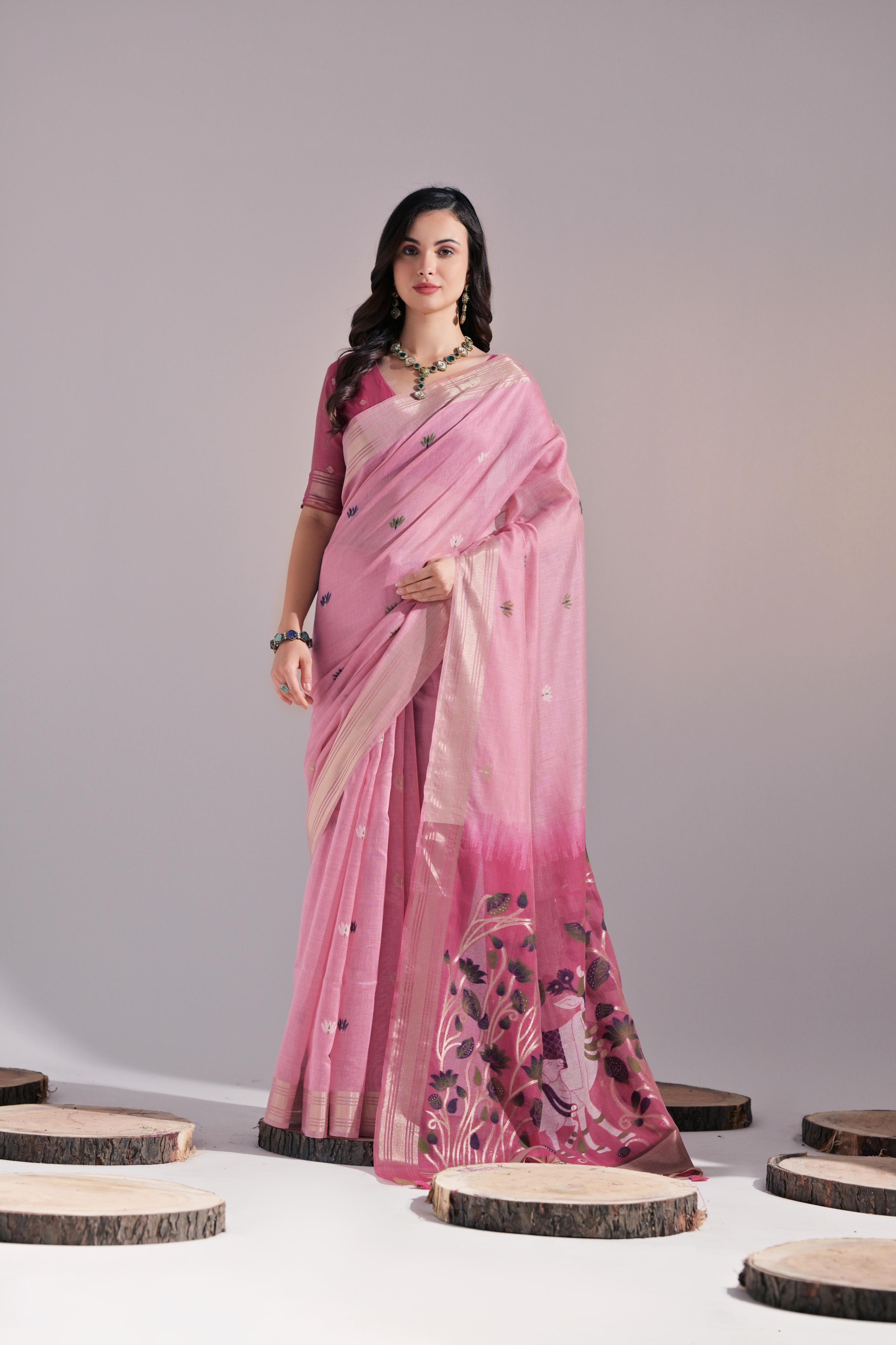 Bright-  motifs woven design saree with woven design border muga saree