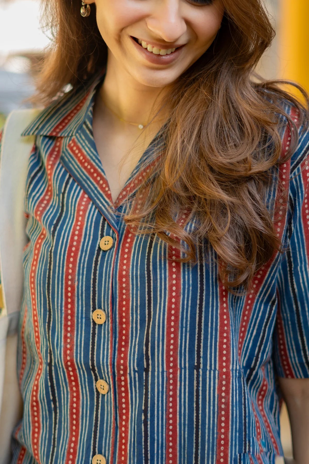 Indu- Ajrakh Indigo Red Stripe Shirt Kurti