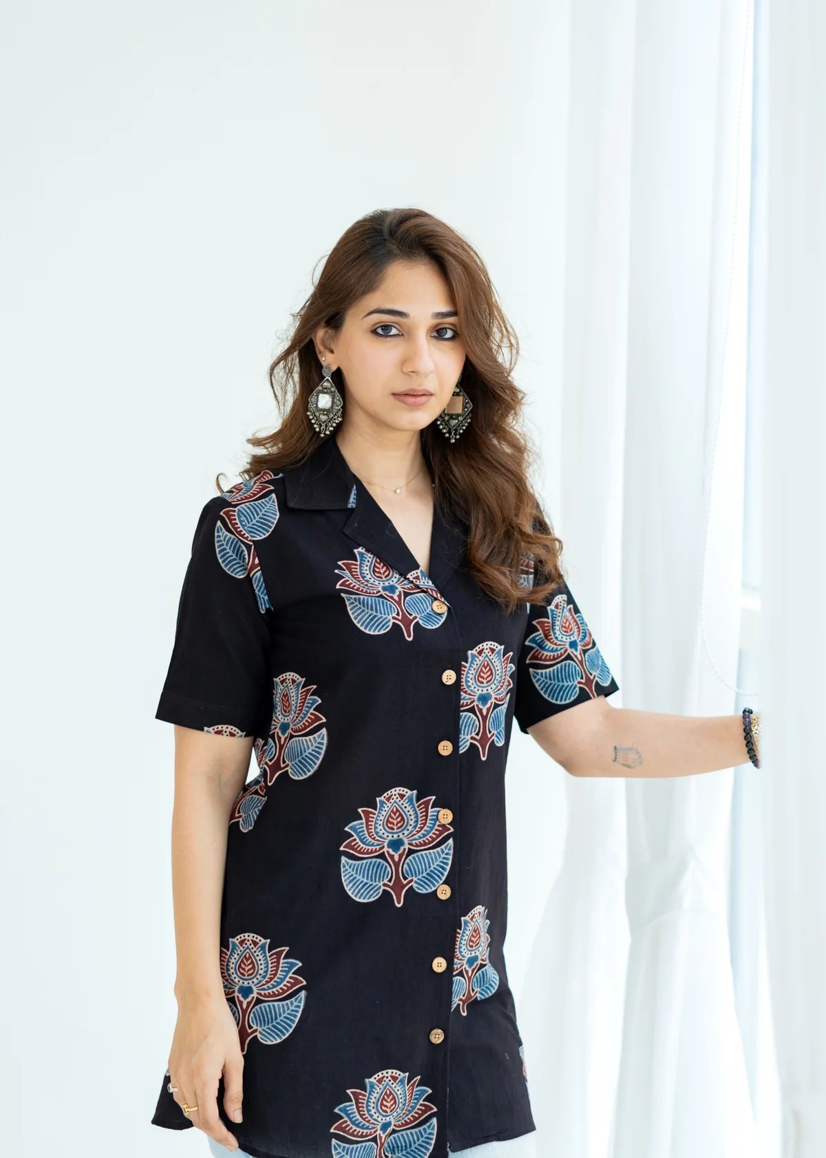 Rooh- Ajrakh Black Floral Handblock Cotton Shirt Kurti