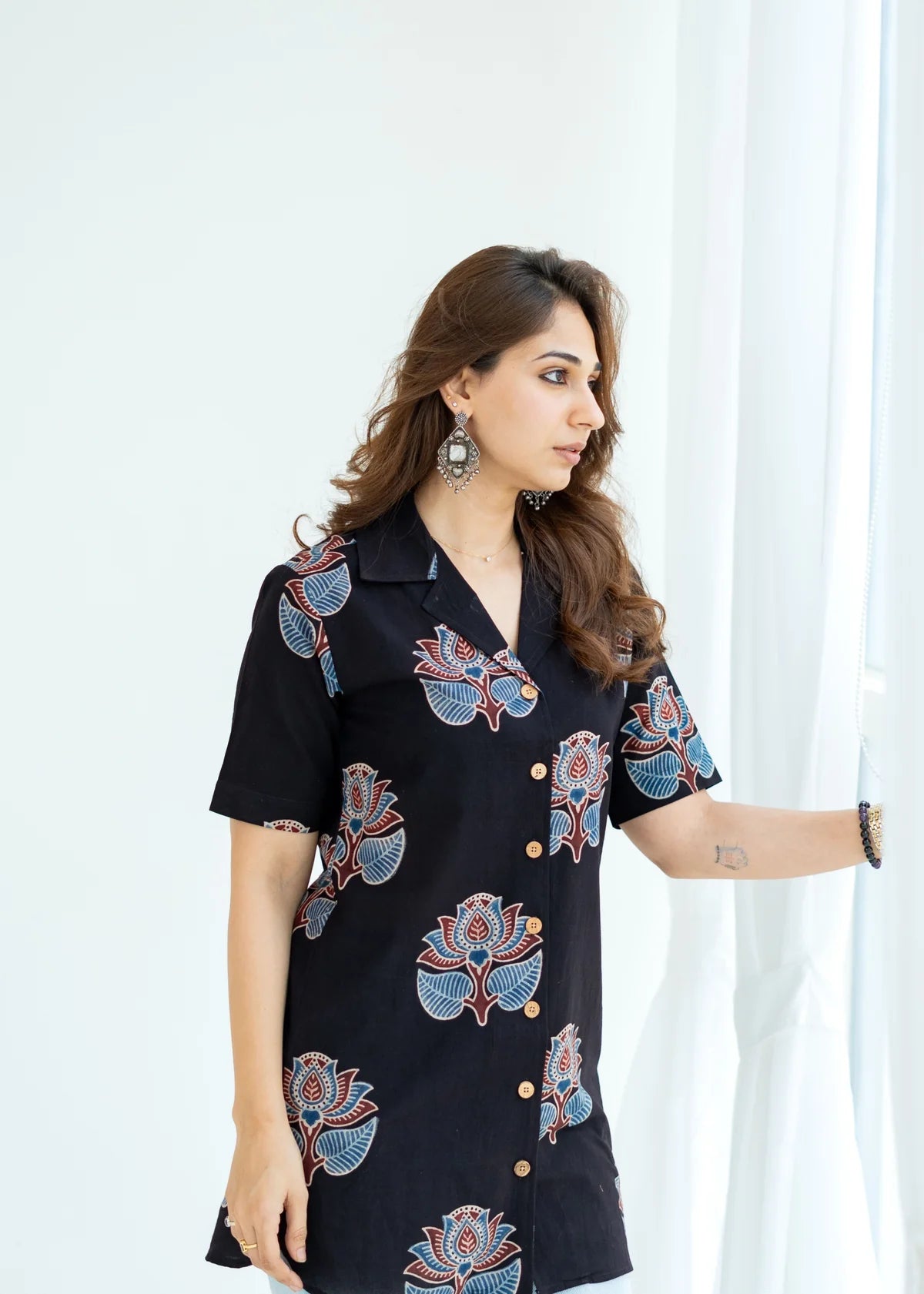 Rooh- Ajrakh Black Floral Handblock Cotton Shirt Kurti