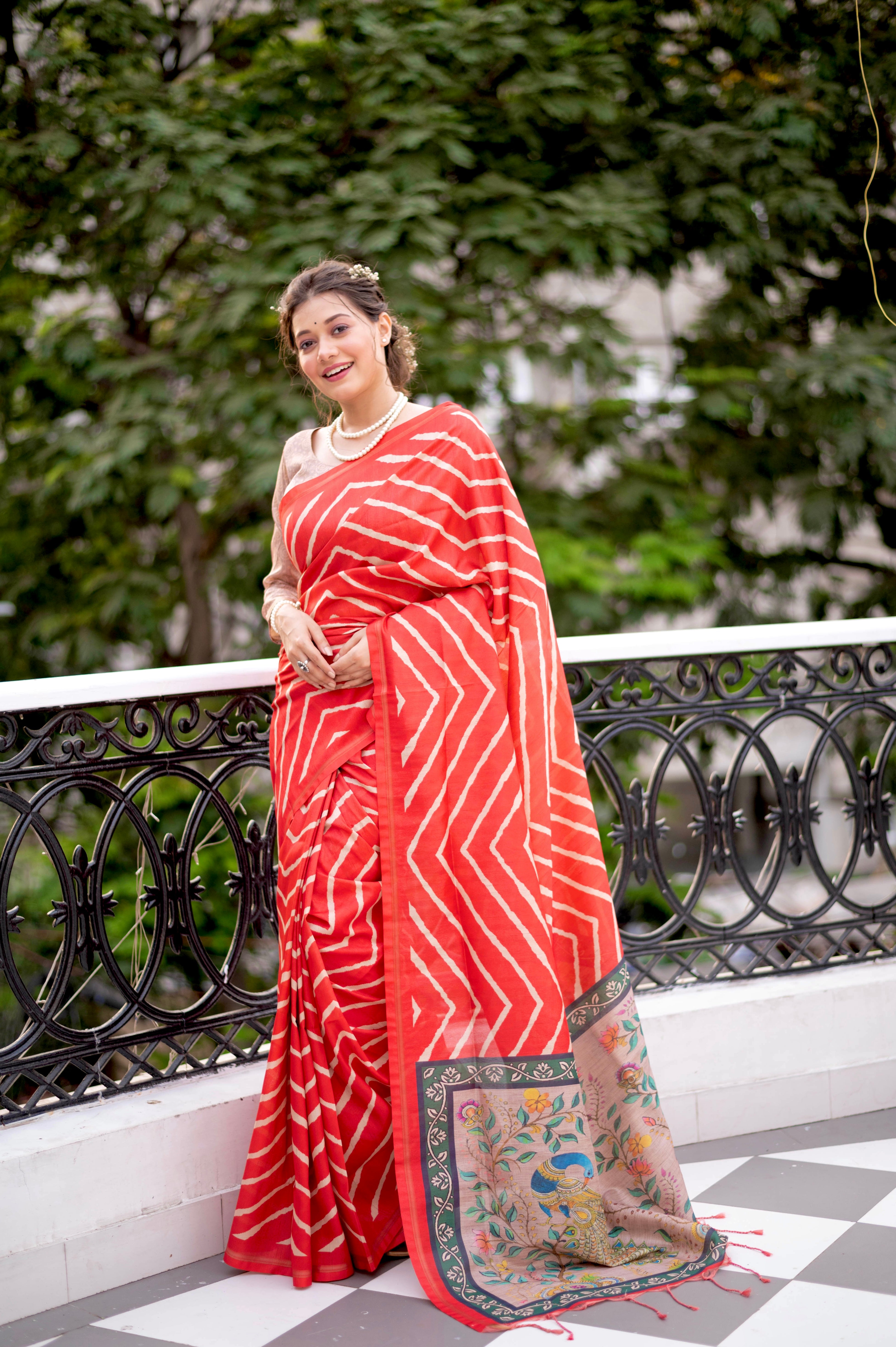 Leheriya - Printed Art Silk Saree in Peach
