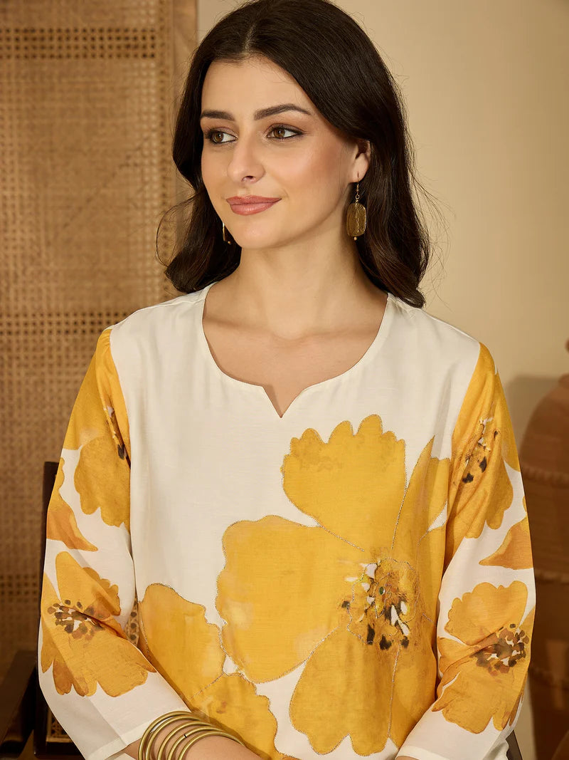Sunflower- Embroidered & Printed Cotton Lining in Kurta With Pant Co-Ords