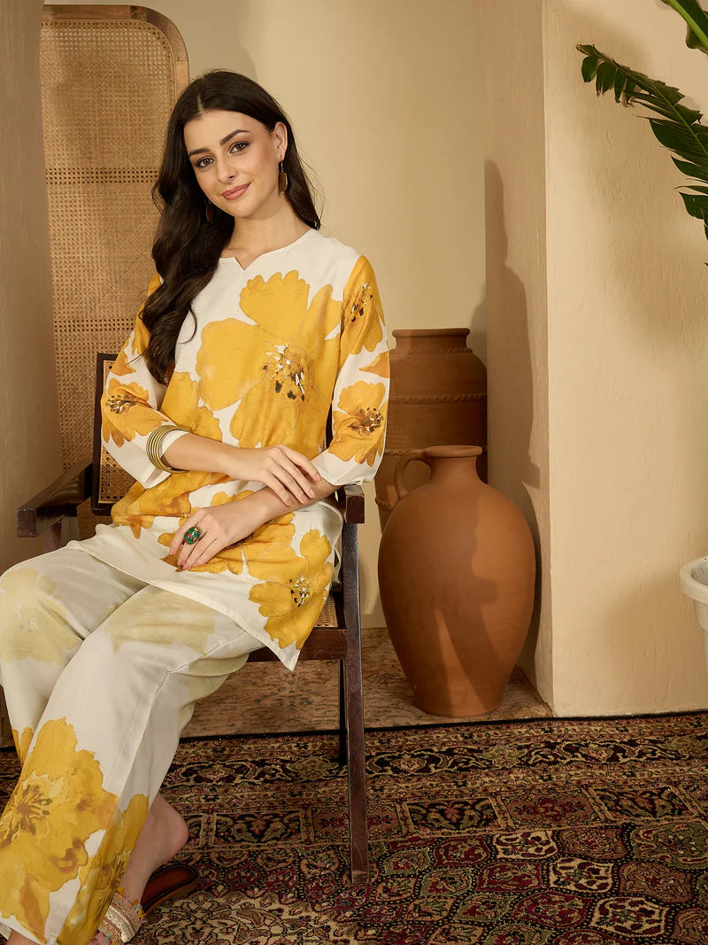 Sunflower- Embroidered & Printed Cotton Lining in Kurta With Pant Co-Ords