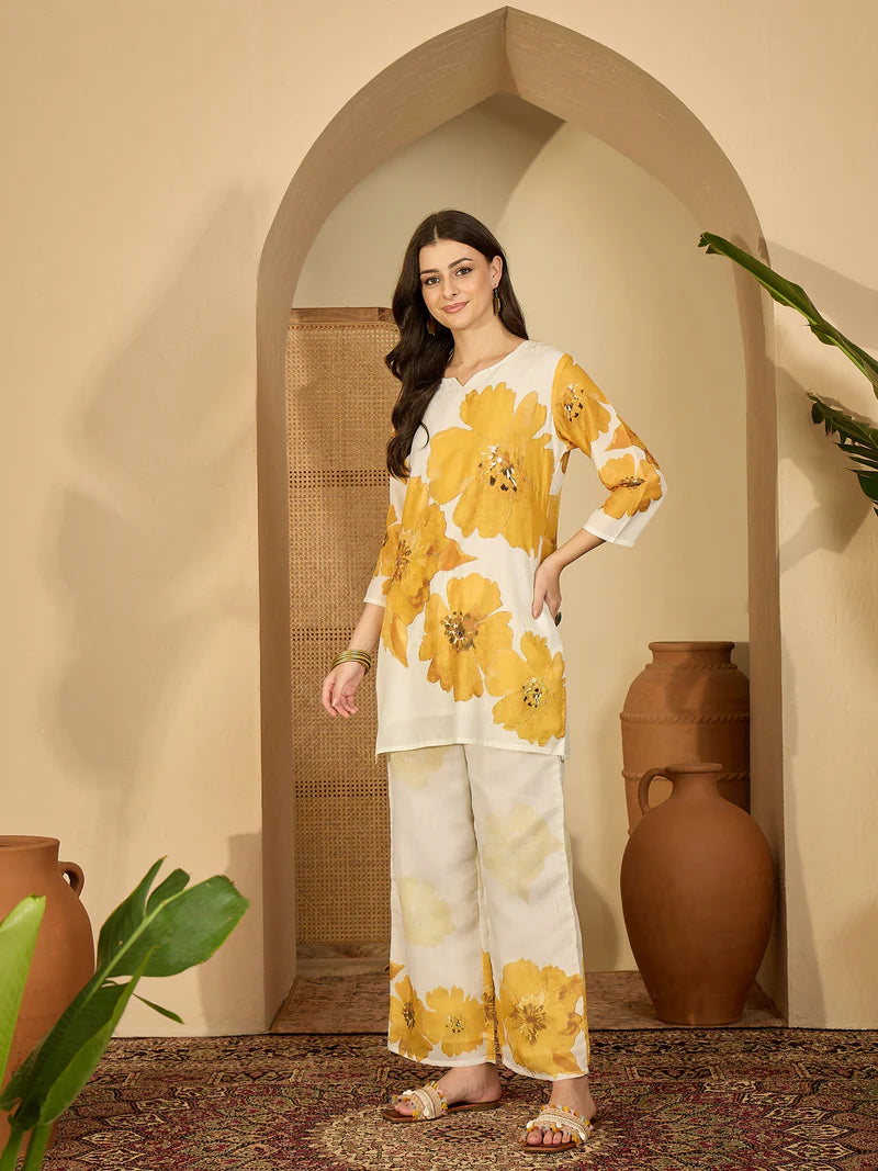 Sunflower- Embroidered & Printed Cotton Lining in Kurta With Pant Co-Ords