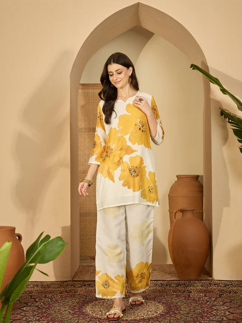 Sunflower- Embroidered & Printed Cotton Lining in Kurta With Pant Co-Ords