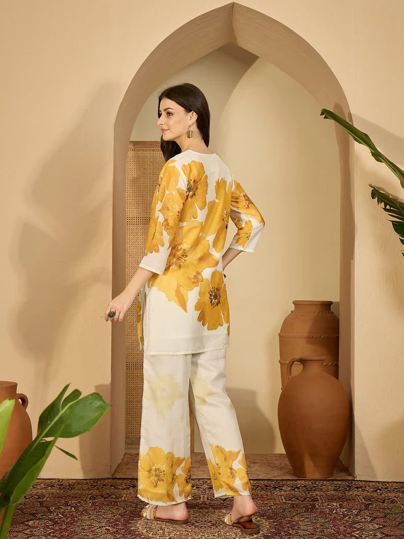 Sunflower- Embroidered & Printed Cotton Lining in Kurta With Pant Co-Ords