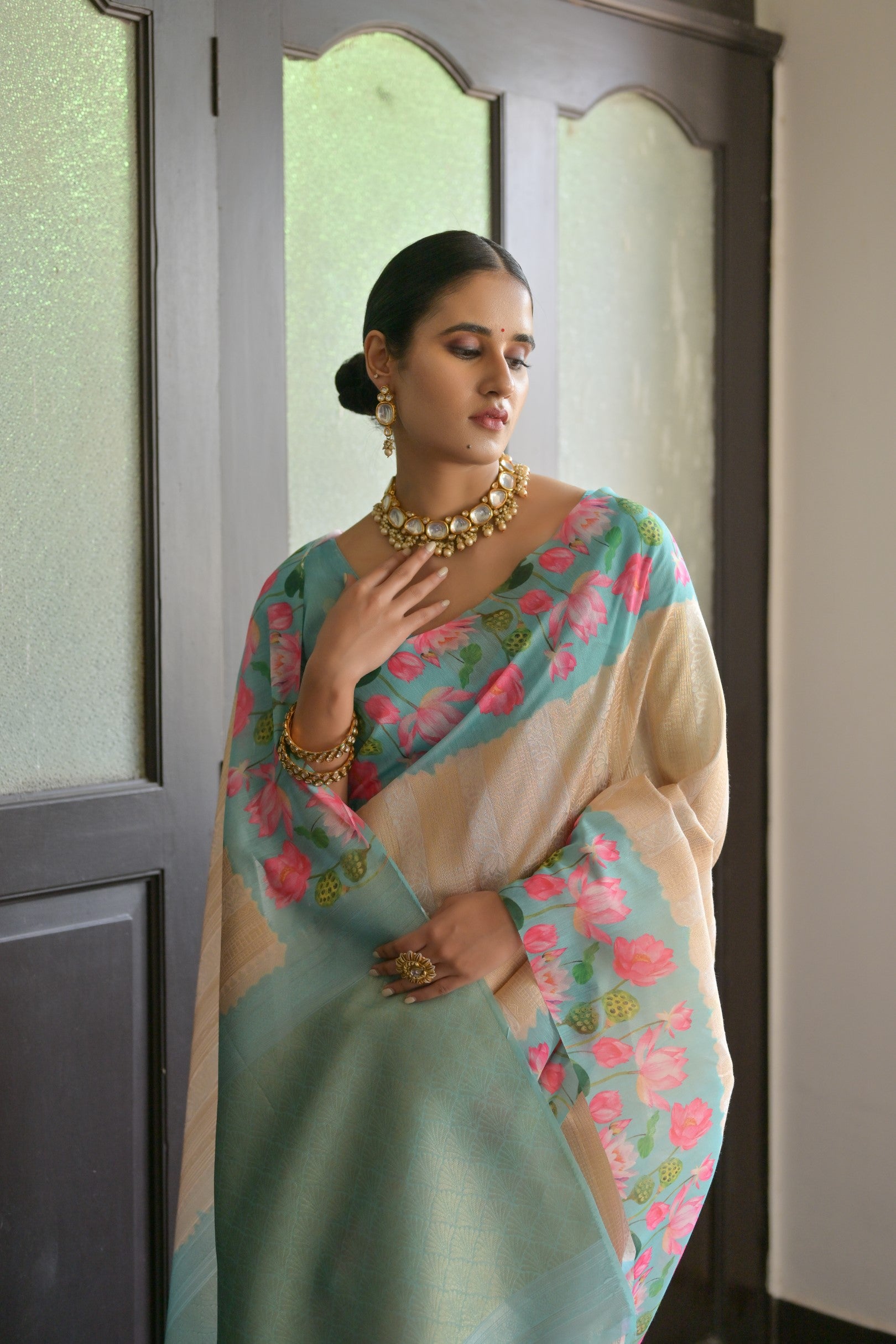 Gulabo- Floral printed , Muga saree with printed border