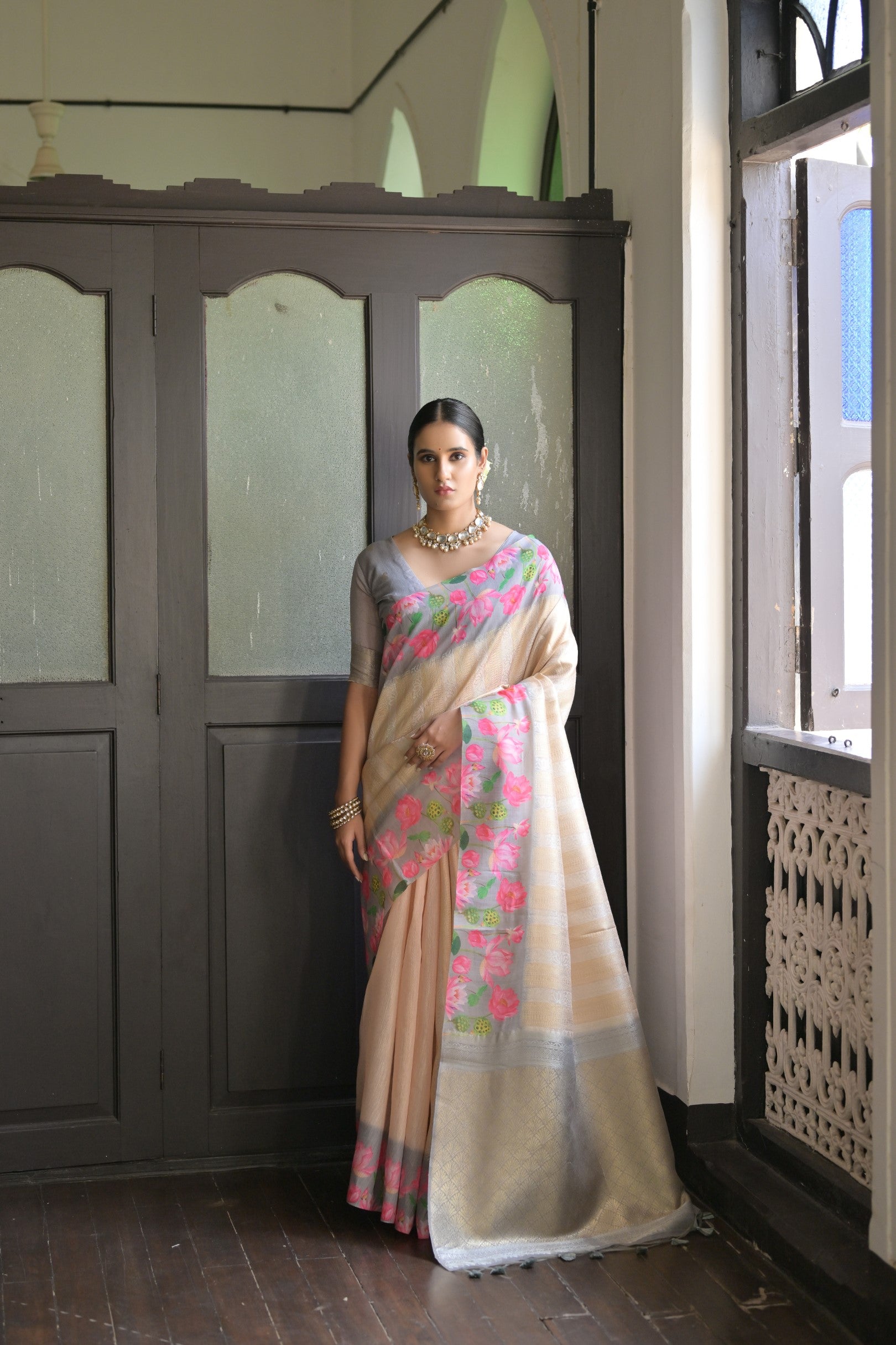 Gulabo- Floral printed , Muga saree with printed border