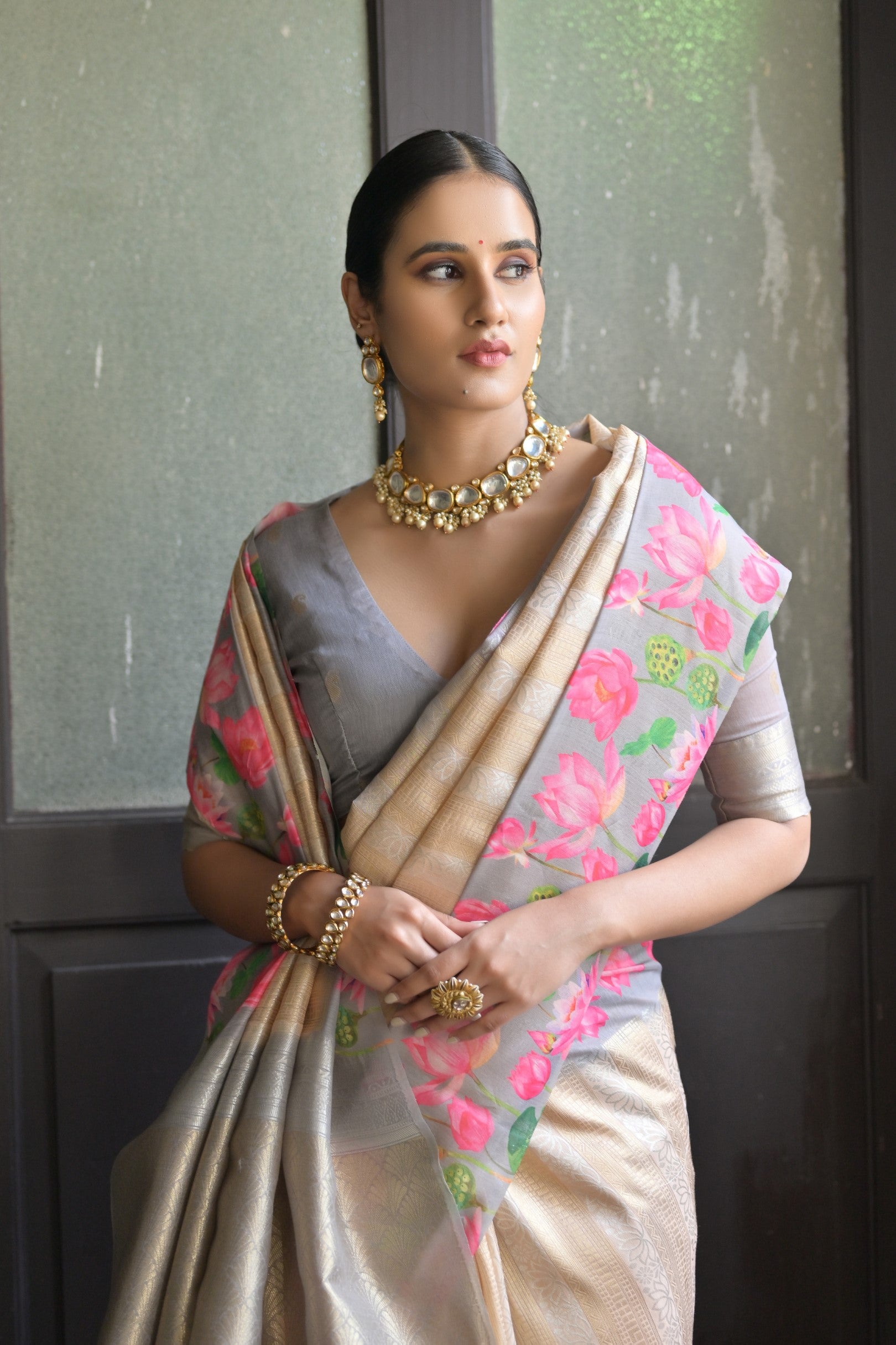 Gulabo- Floral printed , Muga saree with printed border