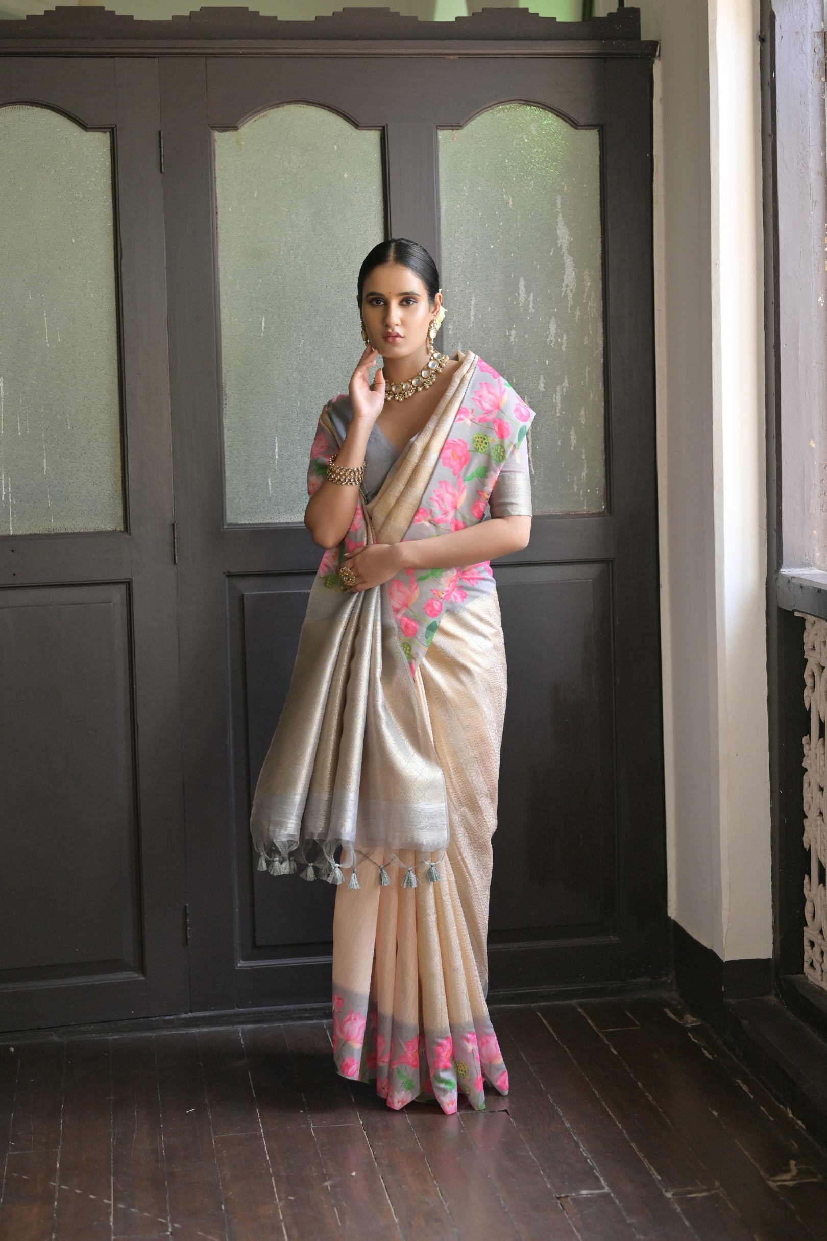 Gulabo- Floral printed , Muga saree with printed border