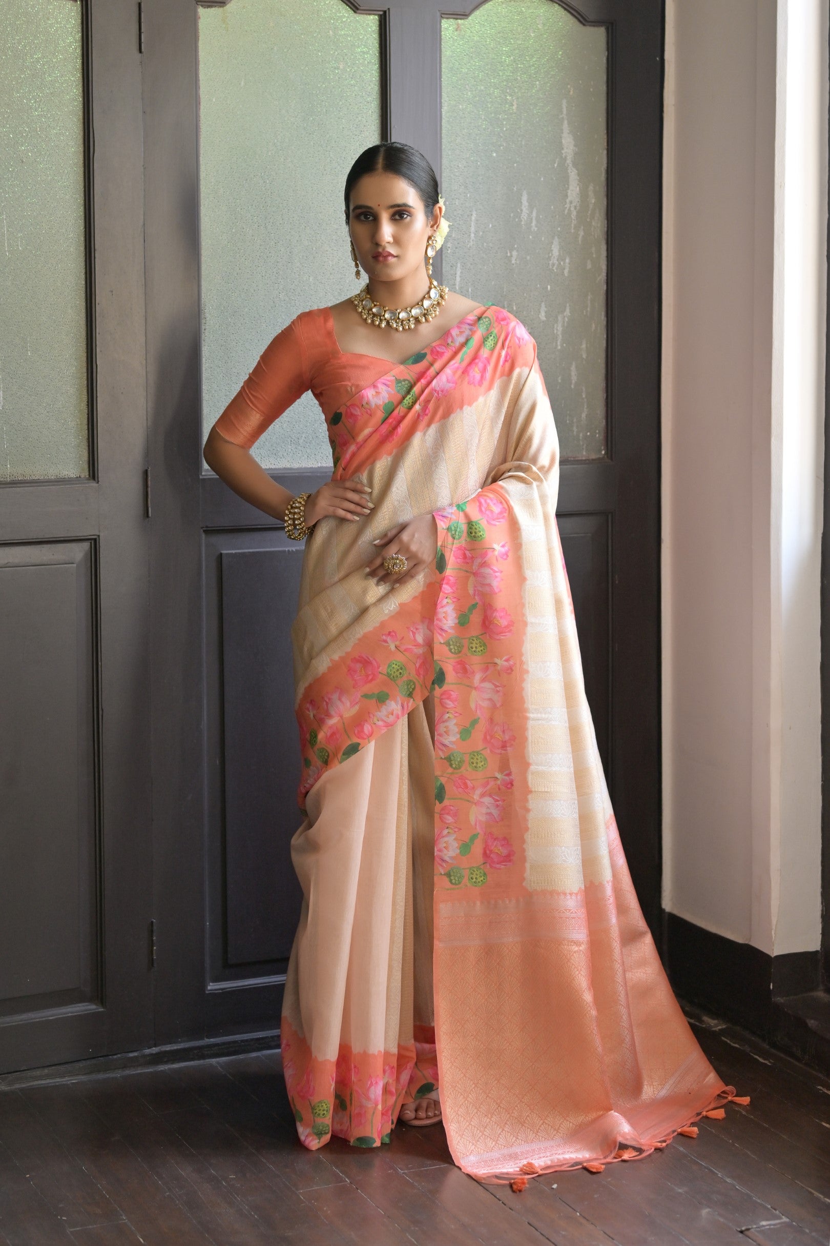 Gulabo- Floral printed , Muga saree with printed border