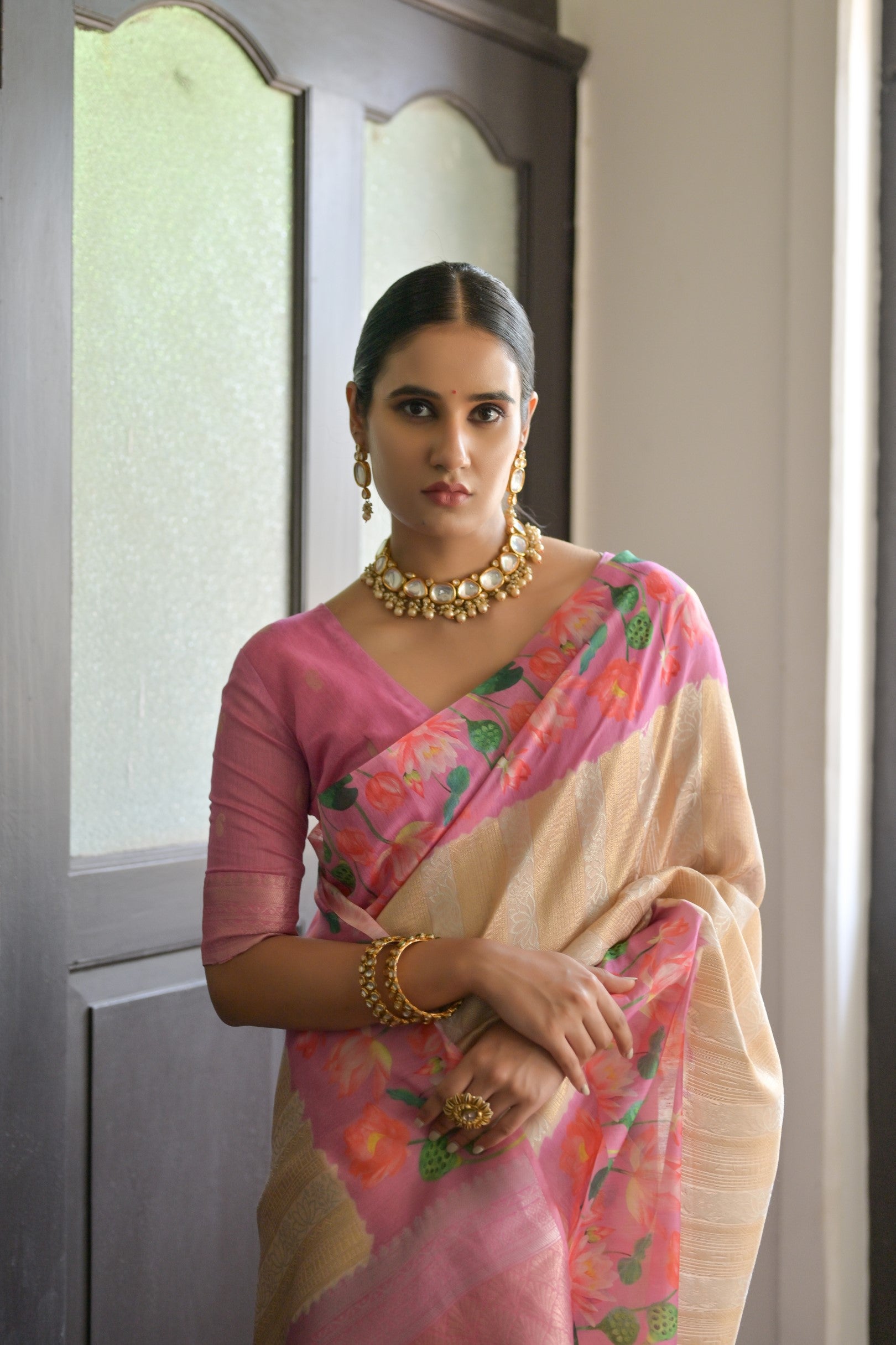 Gulabo- Floral printed , Muga saree with printed border