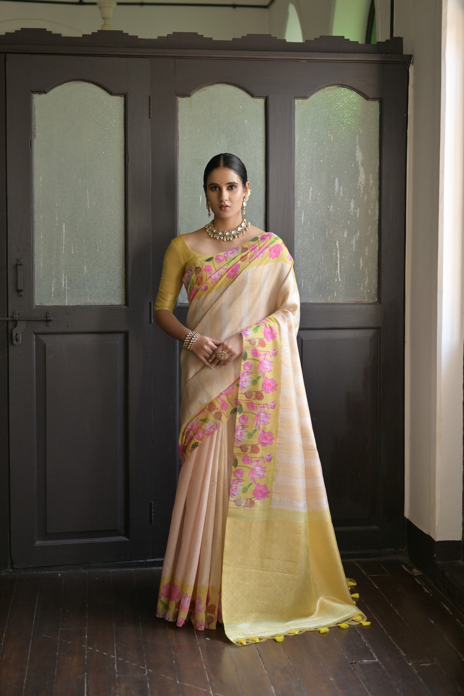 Gulabo- Floral printed , Muga saree with printed border