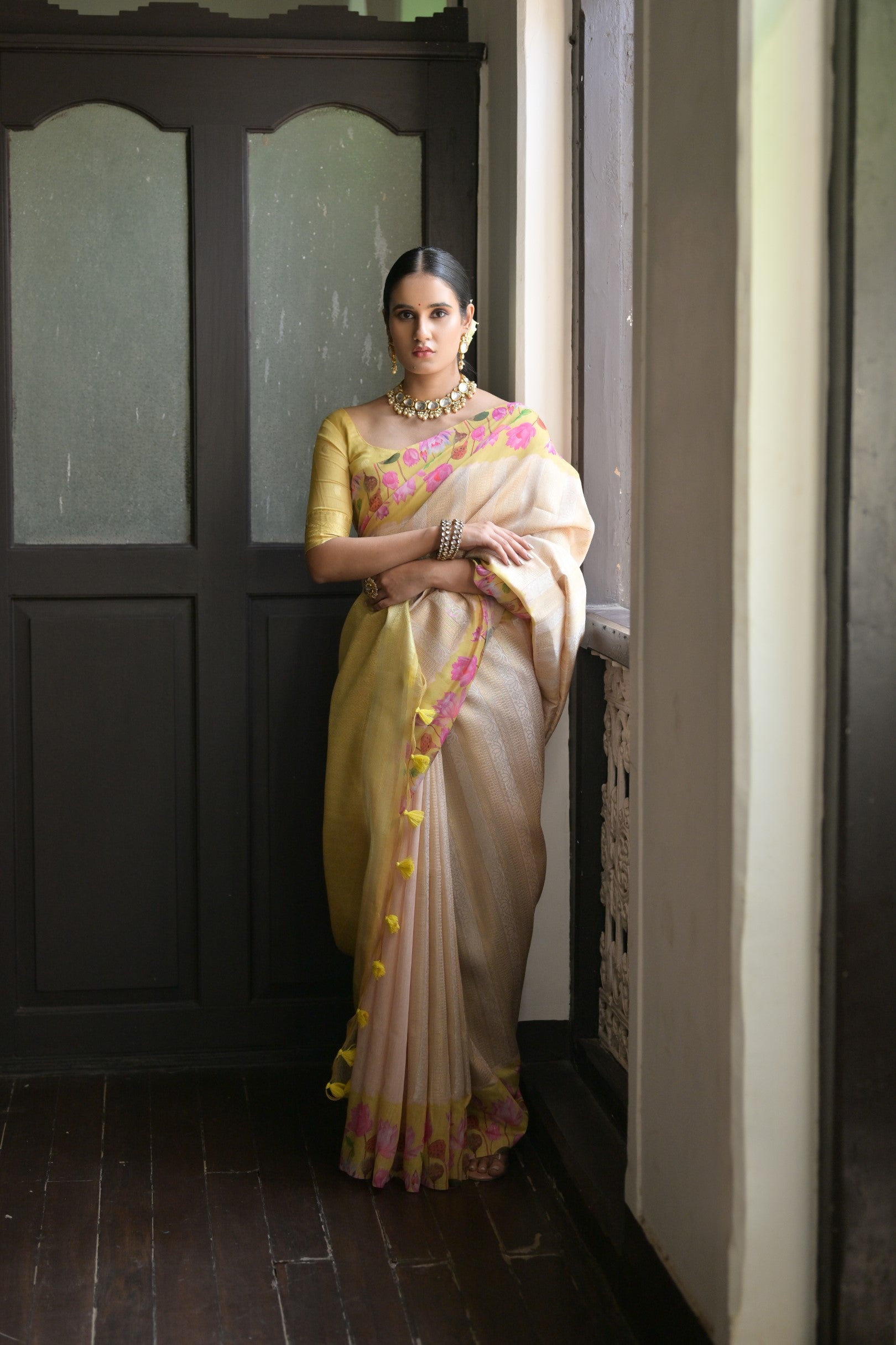 Gulabo- Floral printed , Muga saree with printed border