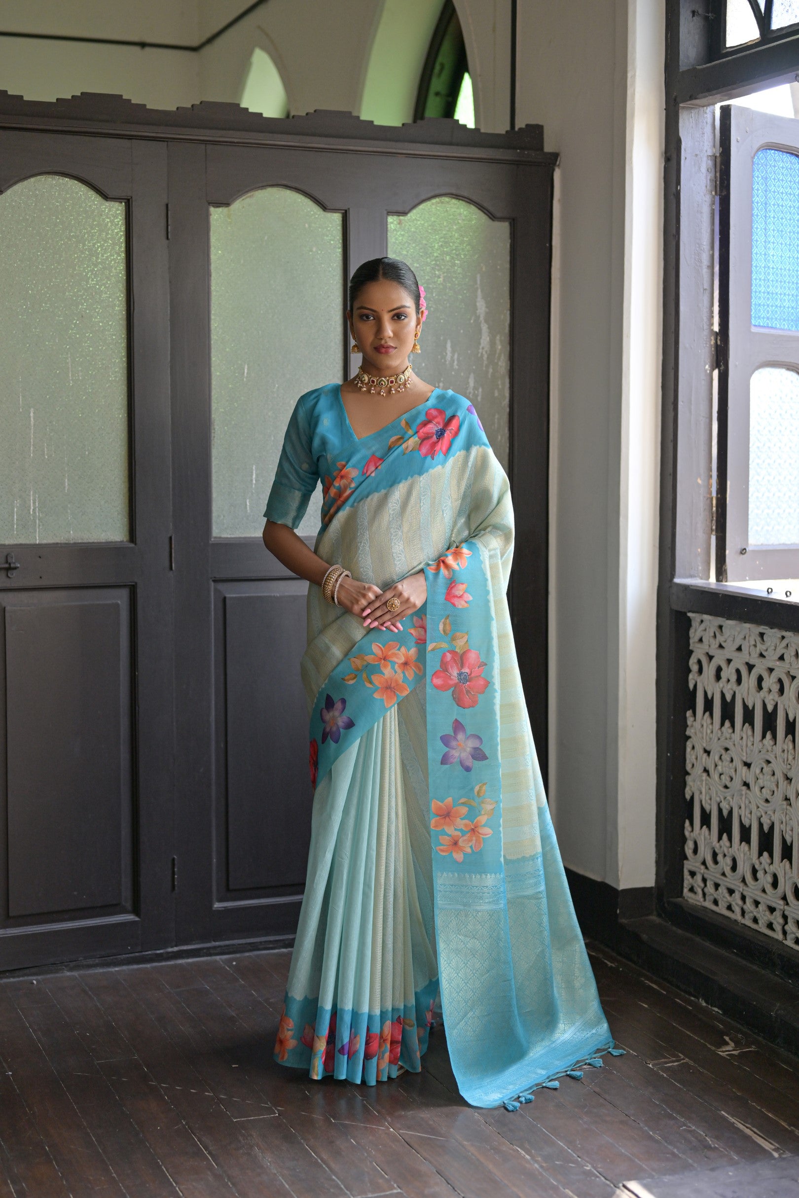 Shibori- Turquoise Silk saree ,tussar saree
