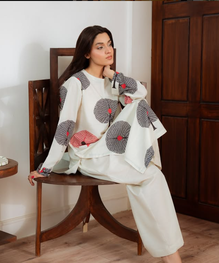 Kira-ccIvory Serenity Co-Ord Set with Abstract Leaf Prints