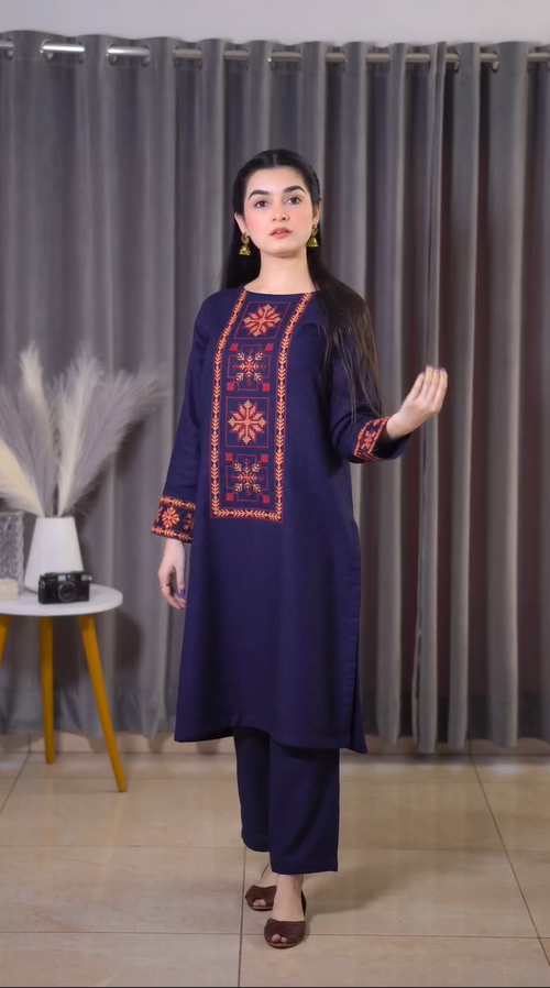 Sehza- Navy Blue Embroidered pakistani suit set