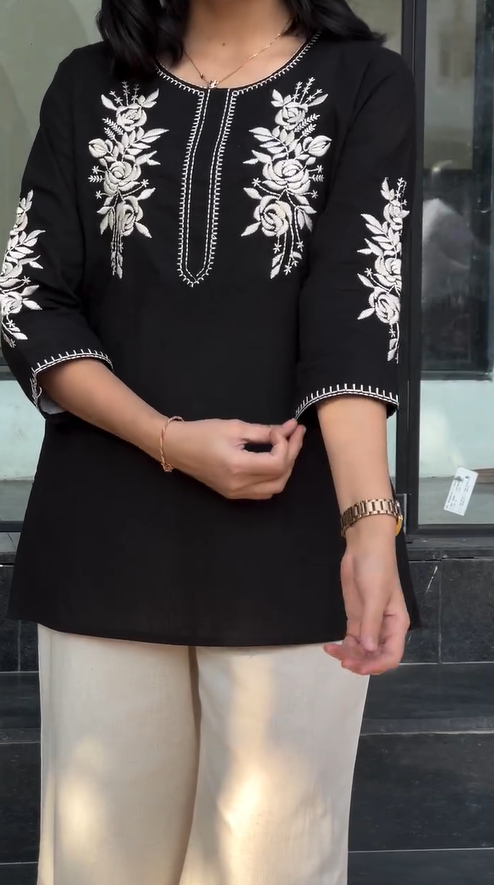 Laksh- Black Embroidered Women Kurti Top with Floral Thread Work