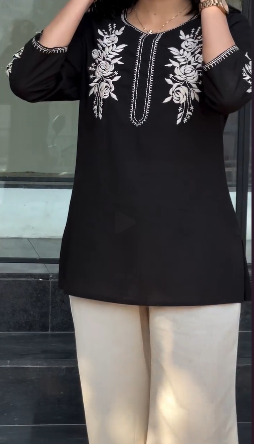 Laksh- Black Embroidered Women Kurti Top with Floral Thread Work