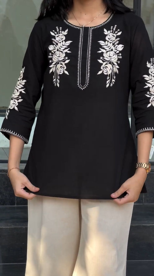 Laksh- Black Embroidered Women Kurti Top with Floral Thread Work