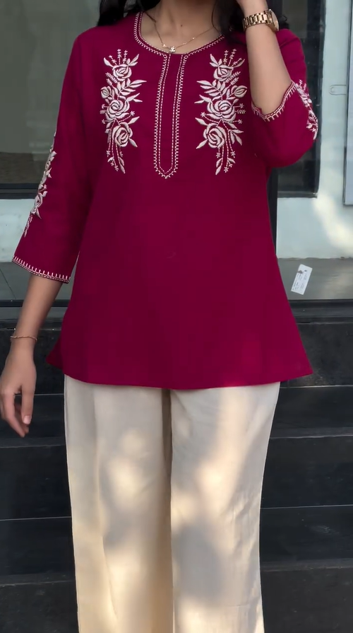 Laksh- Black Embroidered Women Kurti Top with Floral Thread Work