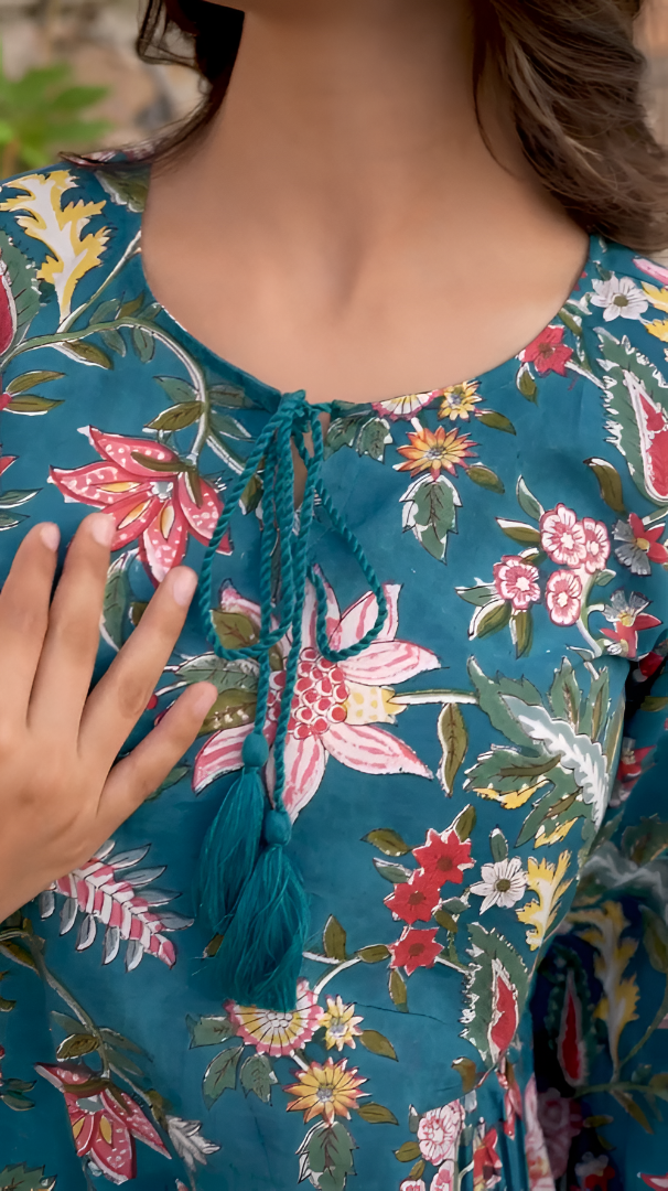 Pavani- Teal Green Floral Printed Kurti Top
