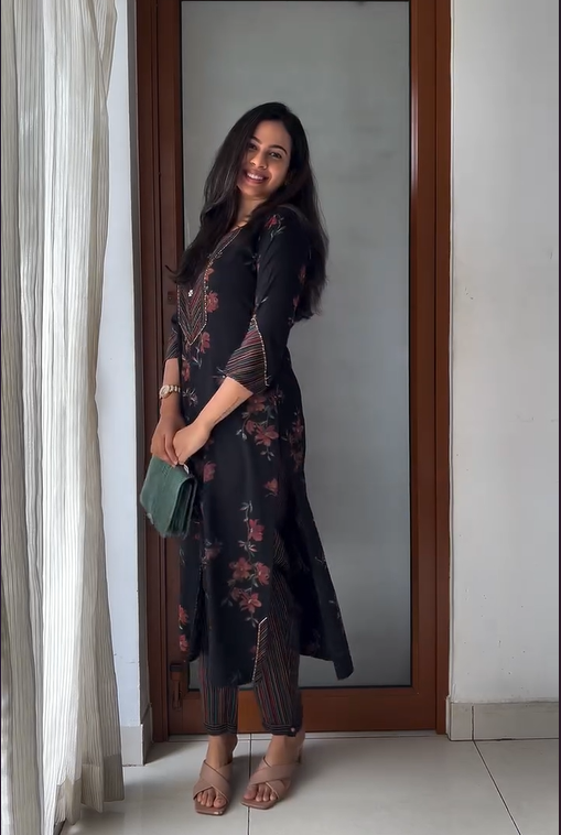 Kala- Black Floral & Embllished Kurta with Striped Pant